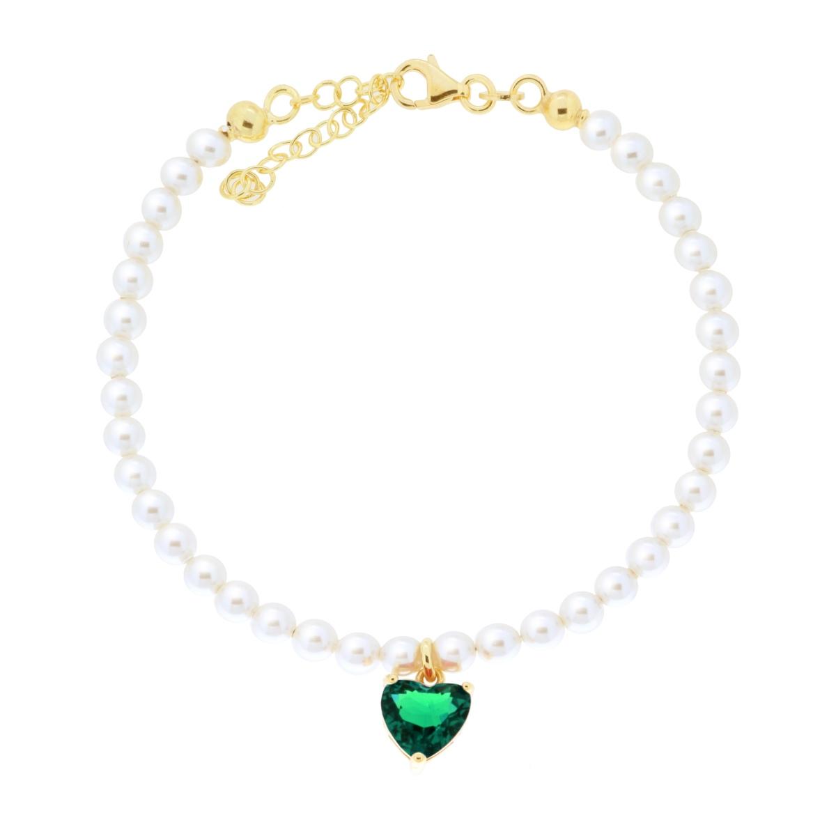 Bracciale Filo Perla con Cuore Cubic Zirconia Verde Smeraldo in ARGENTO 925 Galvanica Oro