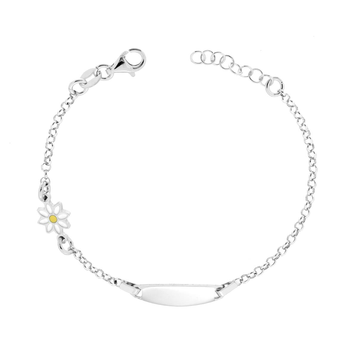 Bracciale Bimbo Bimba Targa Ovale con Catena Rolo Diamantata e Fiore smalto Giallo e Bianco in ARGENTO 925 Galvanica Rodio
