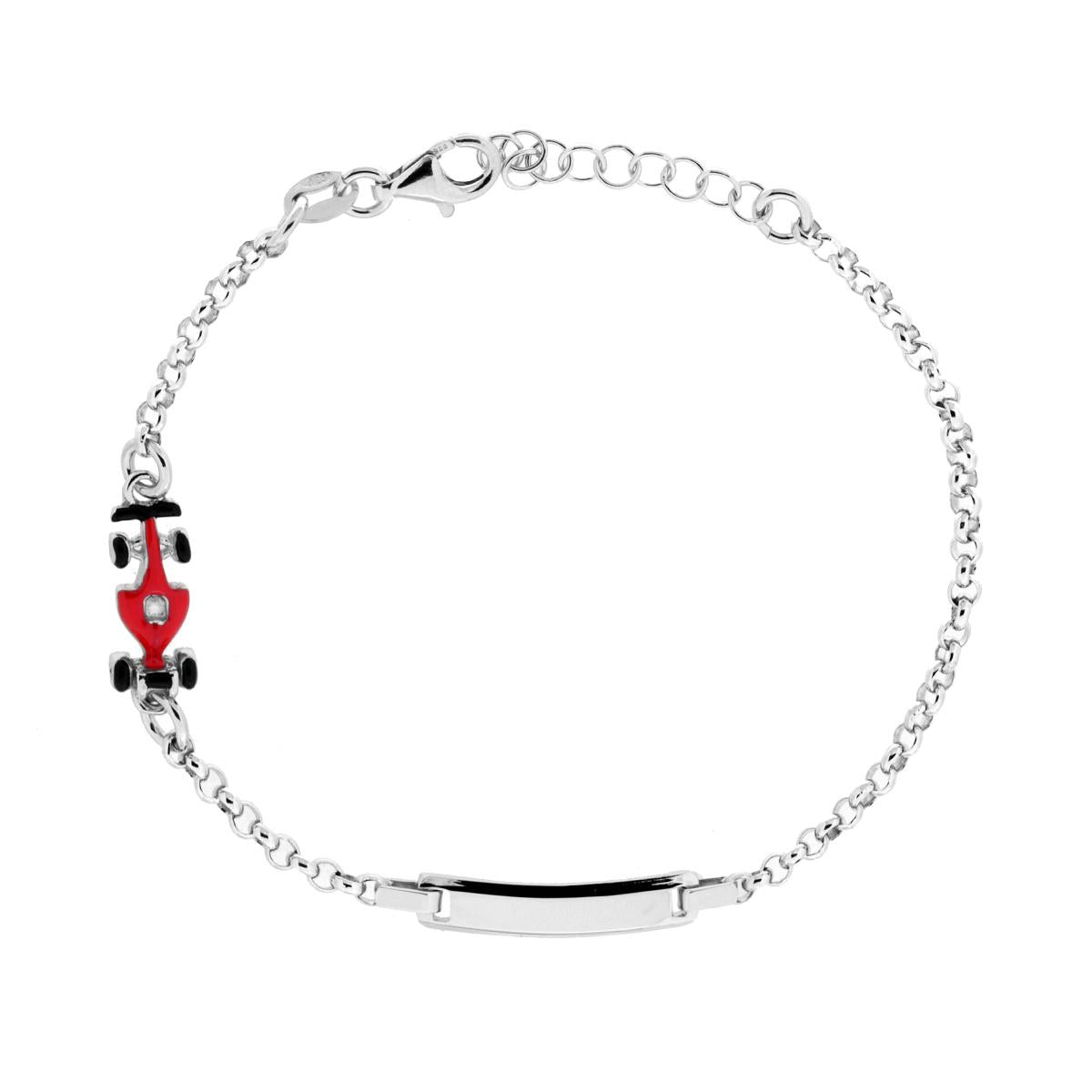 Bracciale Bimbo Bimba Targa Rettangolare con Catena Rolo Diamantata e Automobile Formula 1 smalto Nero e Rosso in ARGENTO 925 Galvanica Rodio
