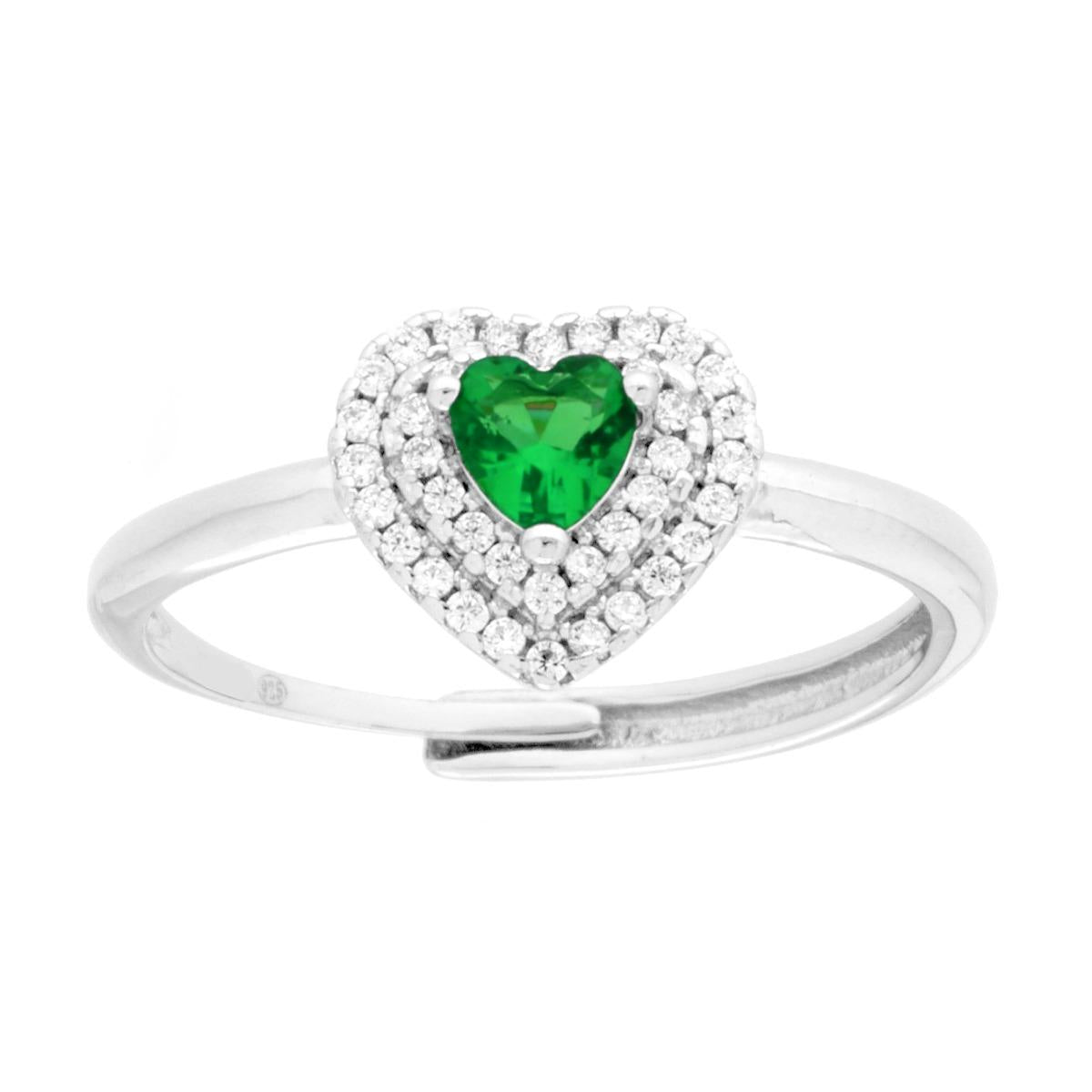 Anello Solitario con Cuore Cubic Zirconia Verde Smeraldo e Bianchi in ARGENTO 925 Galvanica Rodio