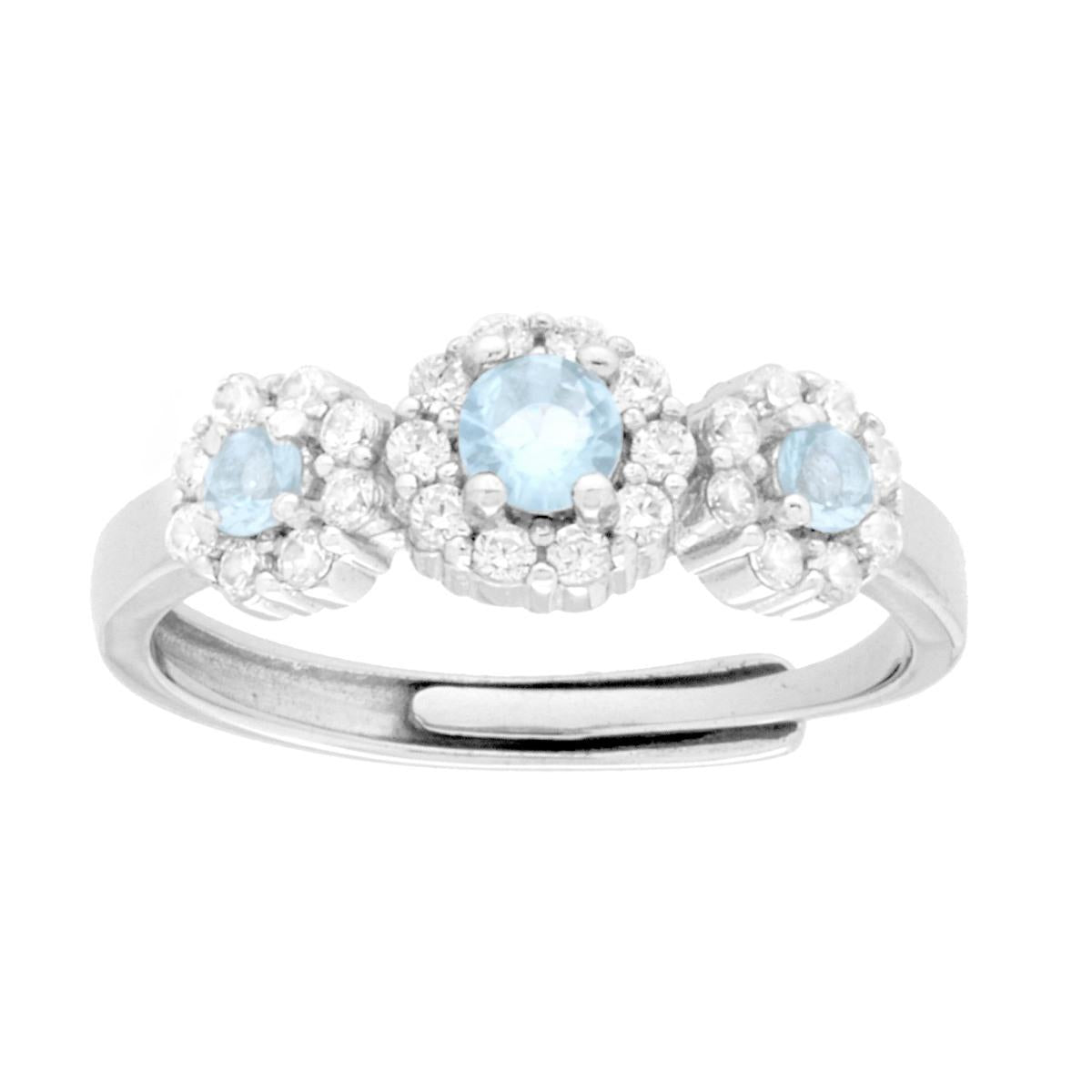 Anello Trilogy Fiore Acquamarina contornato da Cubic Zirconia Bianchi in ARGENTO 925 Galvanica Rodio