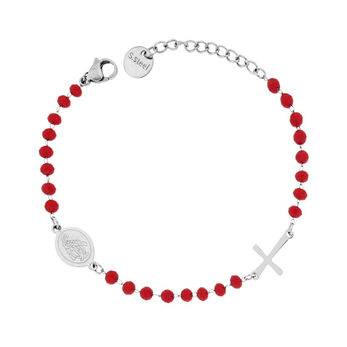 Bracciale Rosario cm 17+3 con Grani in Crystal colore Rosso mm 3.5 in ACCIAIO
