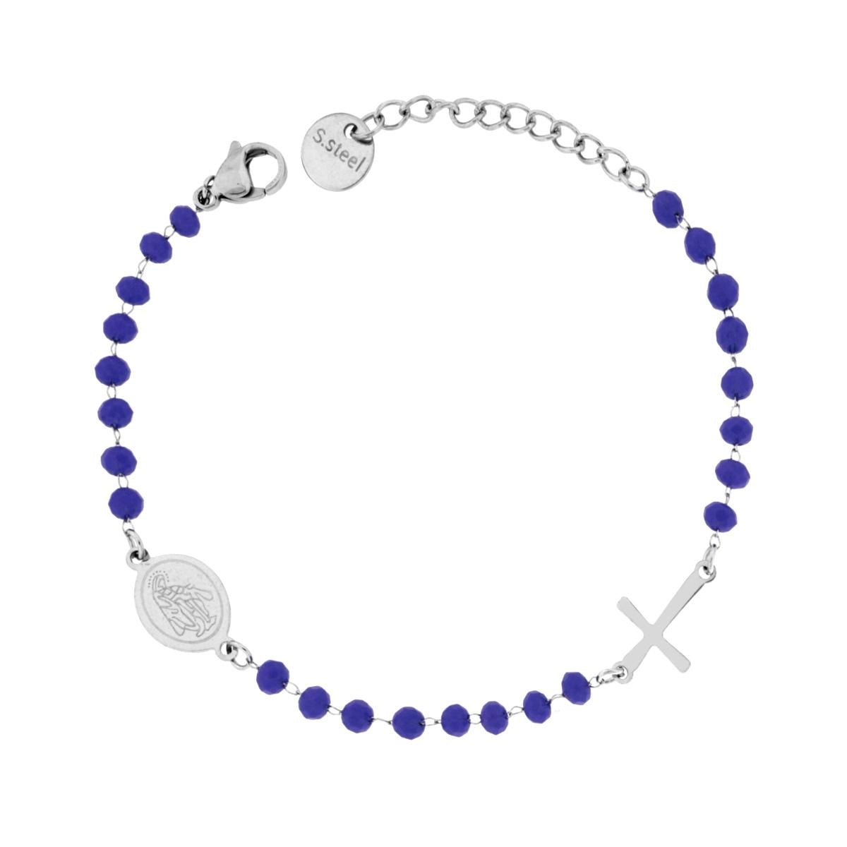 Bracciale Rosario cm 17+3 con Grani in Crystal colore Blu mm 3.5 in ACCIAIO