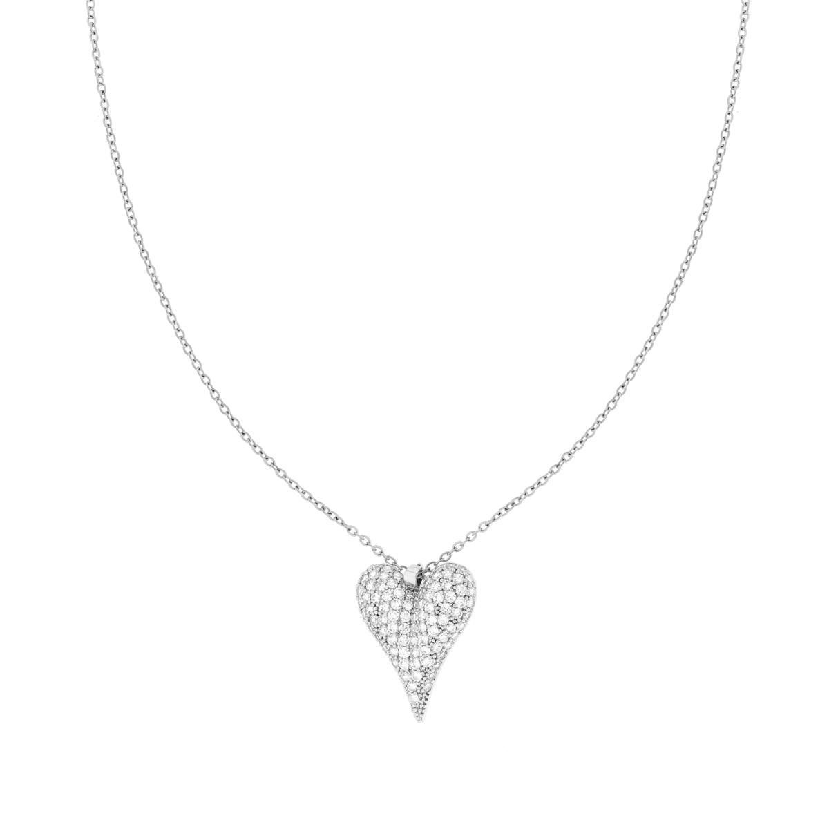 Collana Catena Forzatina con Cuore bombato e Crystal Bianchi in ACCIAIO e OTTONE