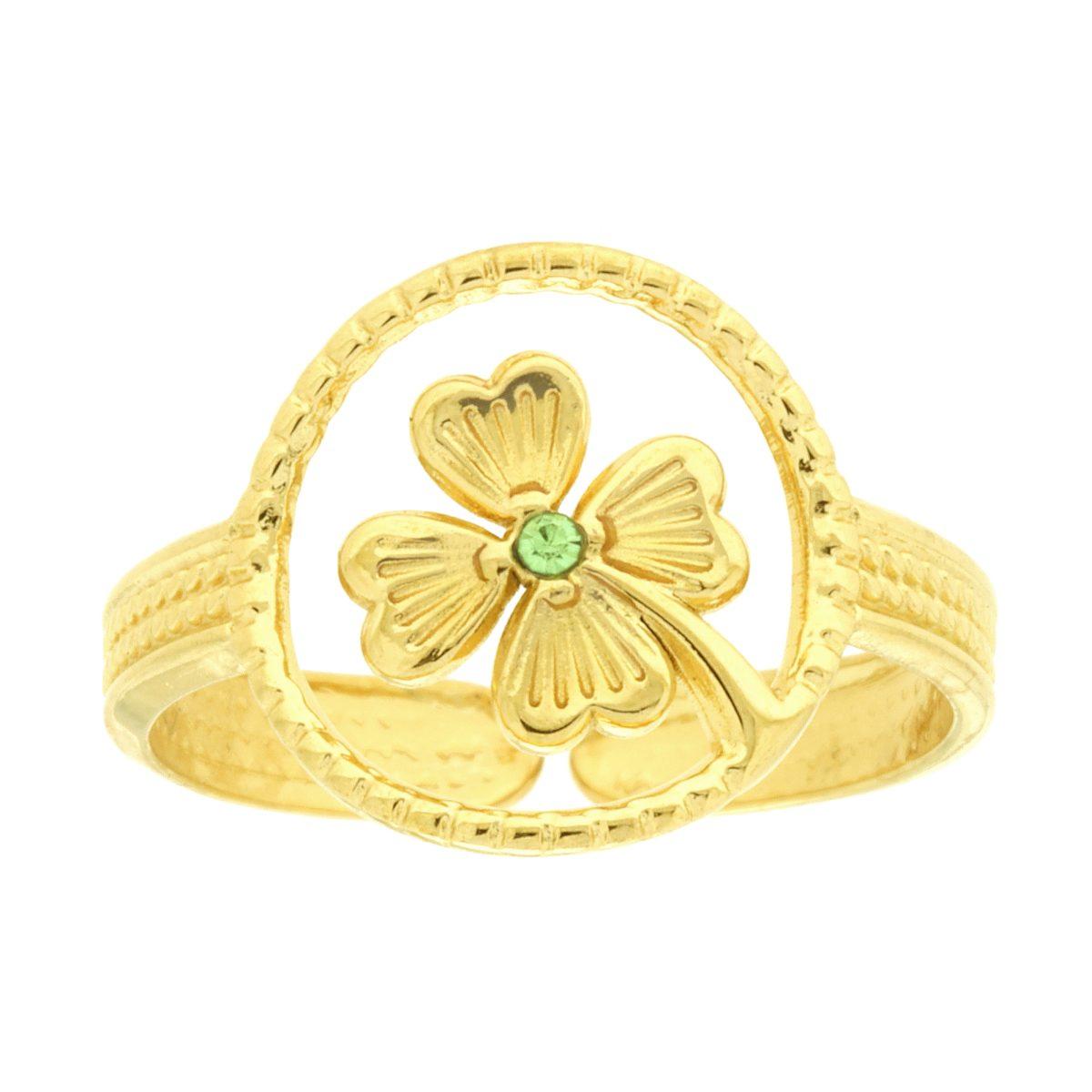Anello Pallinato con Quadrifoglio e Crystal Verde in ACCIAIO colore Oro