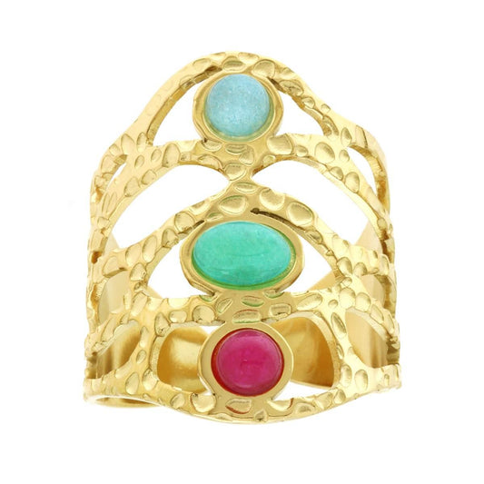 Anello Chunky Fascione Ramificato e Martellato con Pietre colore Multicolor in ACCIAIO colore Oro