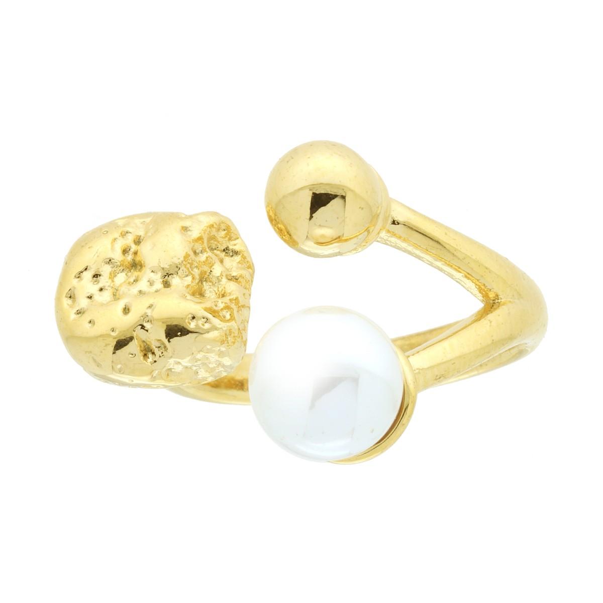 Anello Chunky Contrarie con Perla Pallina e Pepita in ACCIAIO colore Oro
