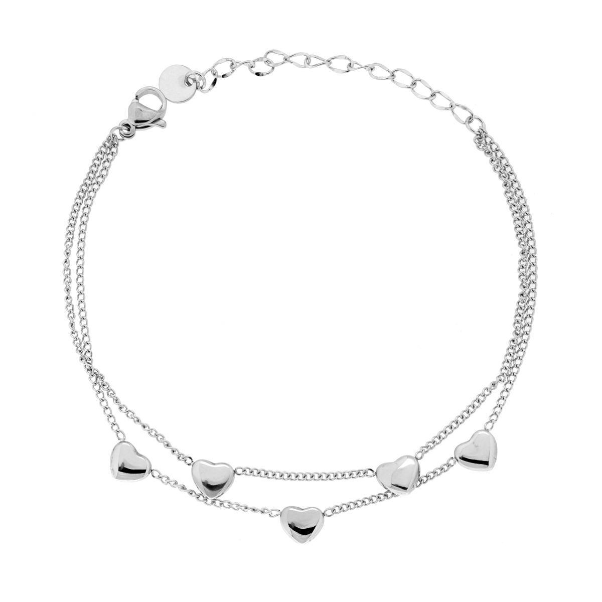 Bracciale due fili Catena Grumetta con Cuori Bombati in ACCIAIO