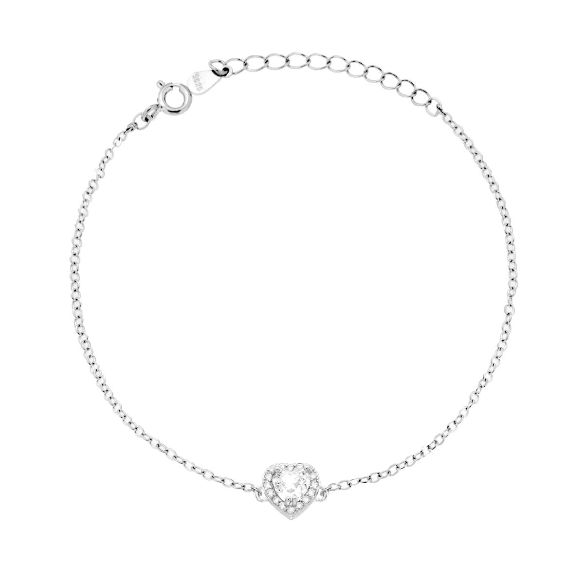Bracciale Catena Forzatina Diamantata e Cuore contornato con Cubic Zirconia Bianchi in ARGENTO 925 Galvanica Rodio