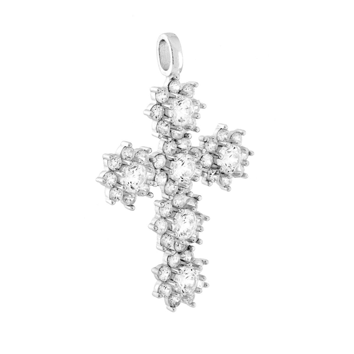 Ciondolo Croce con Fiori e Cubic Zirconia Bianchi in ARGENTO 925 Galvanica Rodio