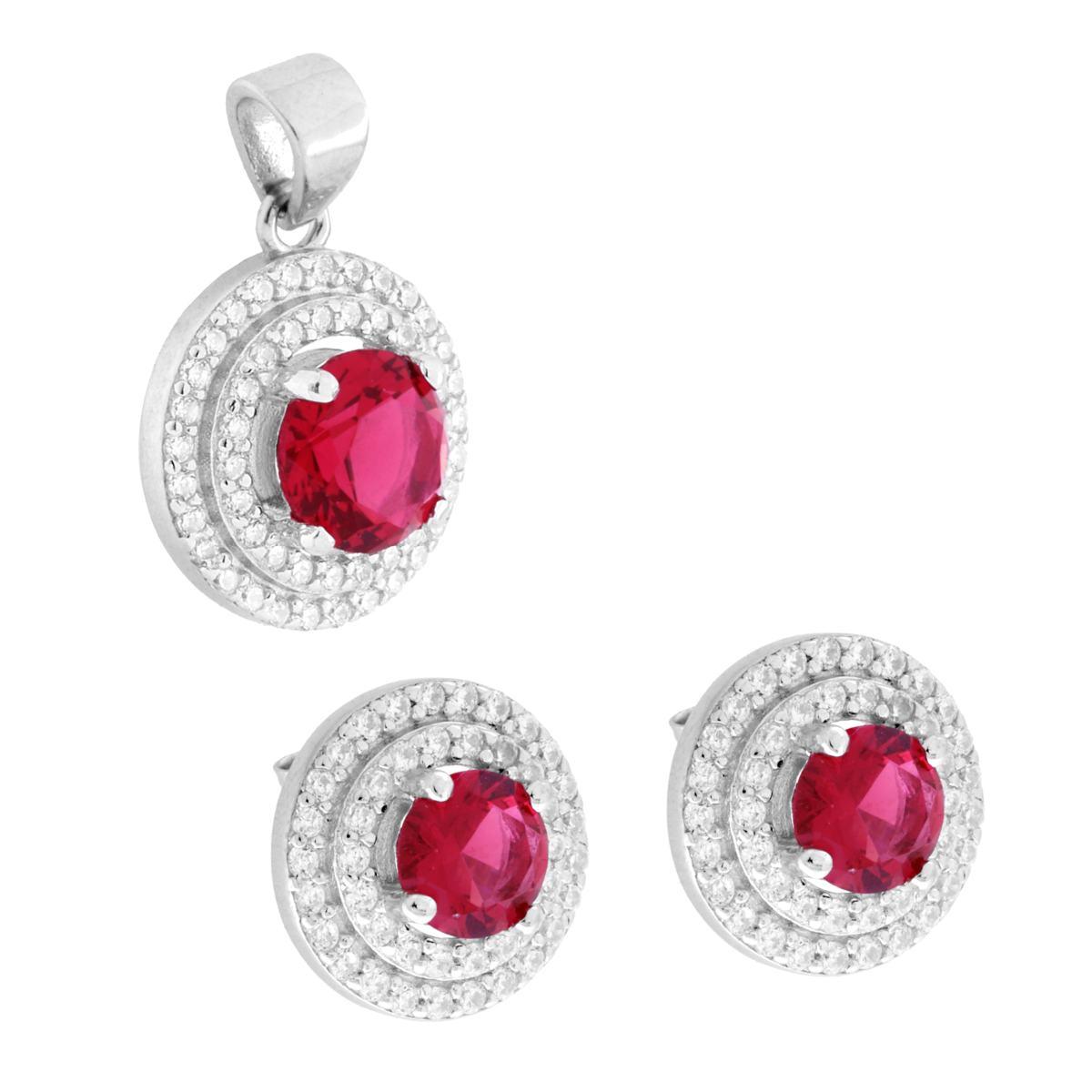 Parure Set Orecchini e Ciondolo Tondo Rosso Rubino contornato da due giri di Cubic Zirconia Bianchi in ARGENTO 925 Galvanica Rodio
