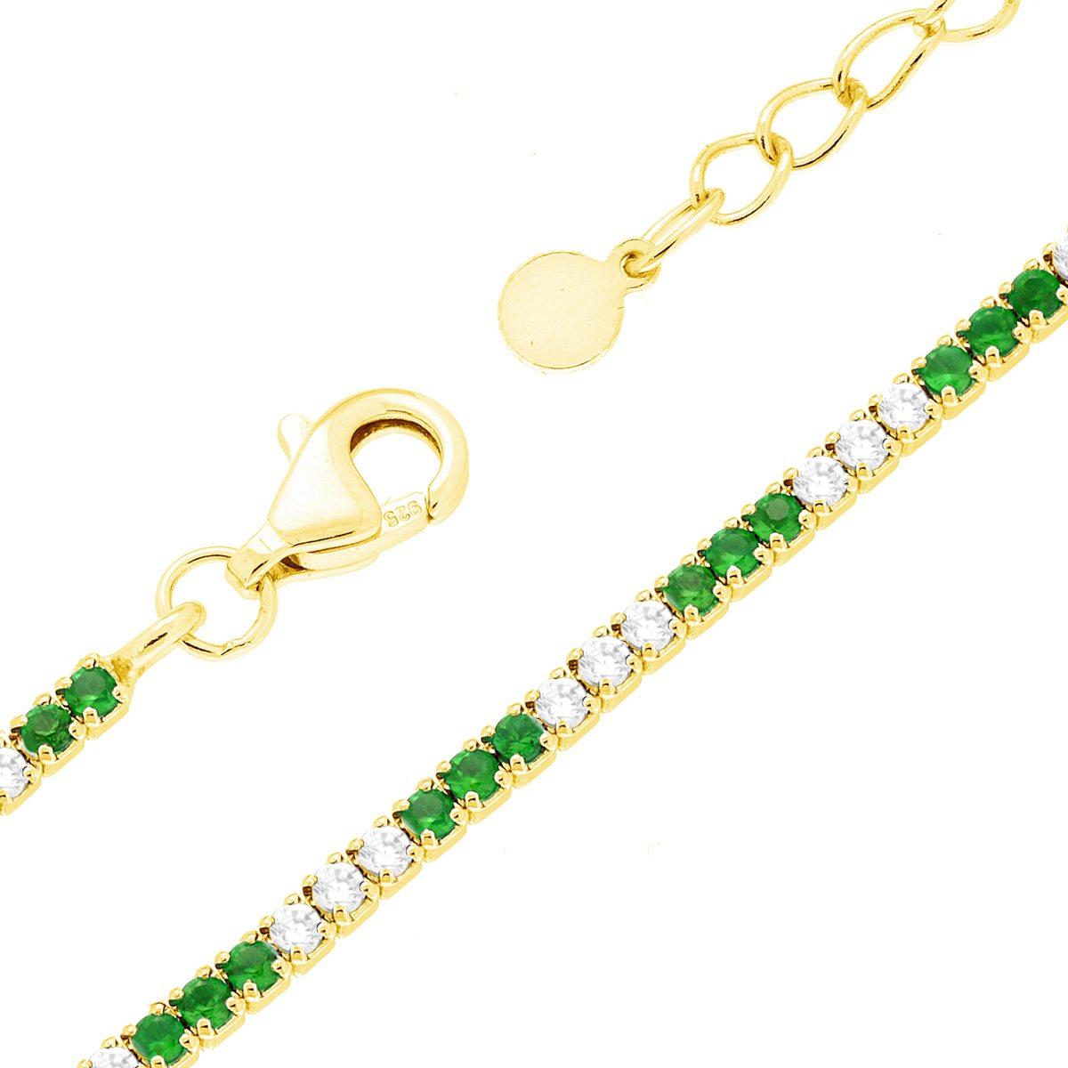 Bracciale Tennis Griffe cm 16+3 con Cubic Zirconia mm 1.5 alternati Verde Smeraldo e Bianchi in ARGENTO 925 Galvanica Oro