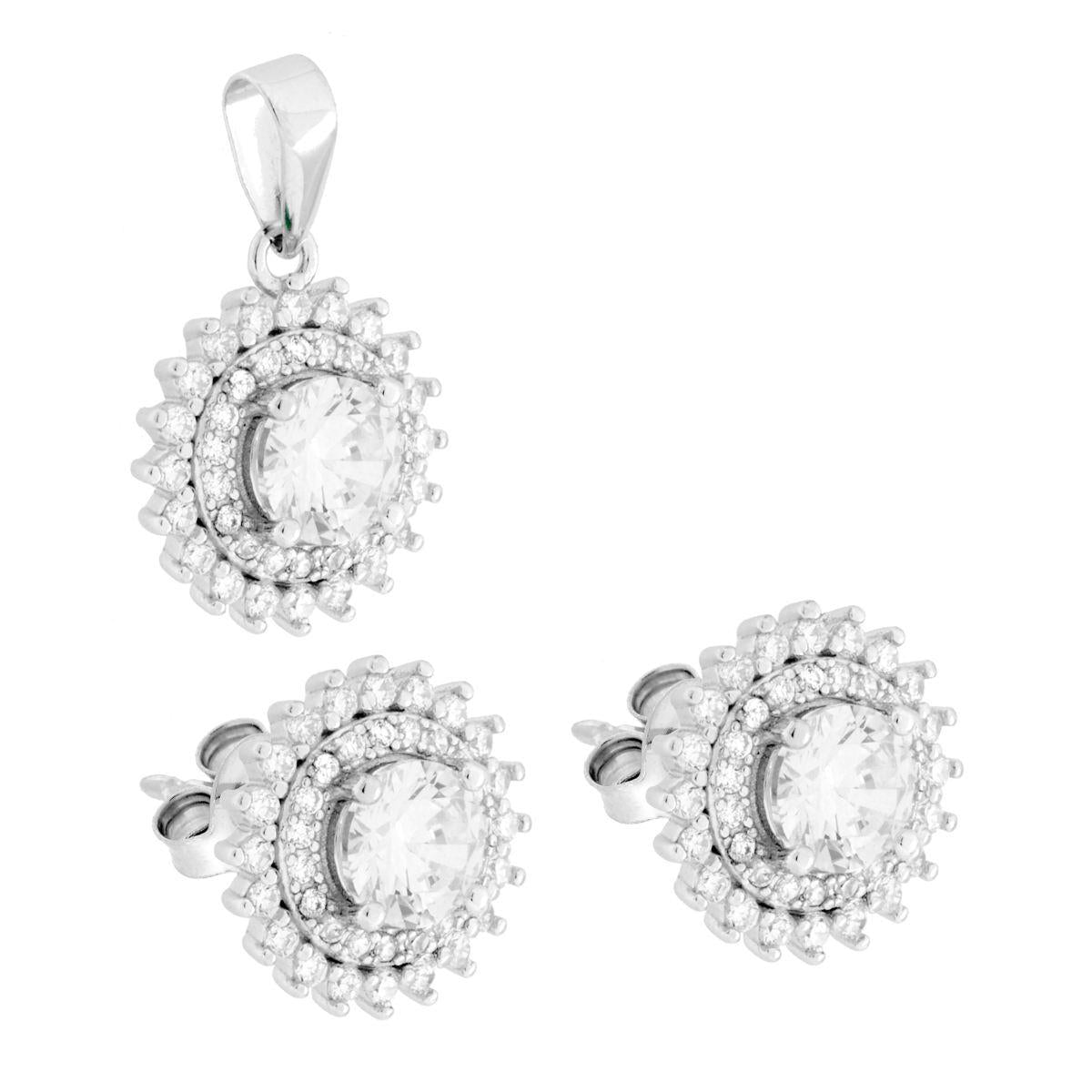 Parure Set Orecchini e Ciondolo Tondo Bianco contornato da Cubic Zirconia Bianchi in ARGENTO 925 Galvanica Rodio