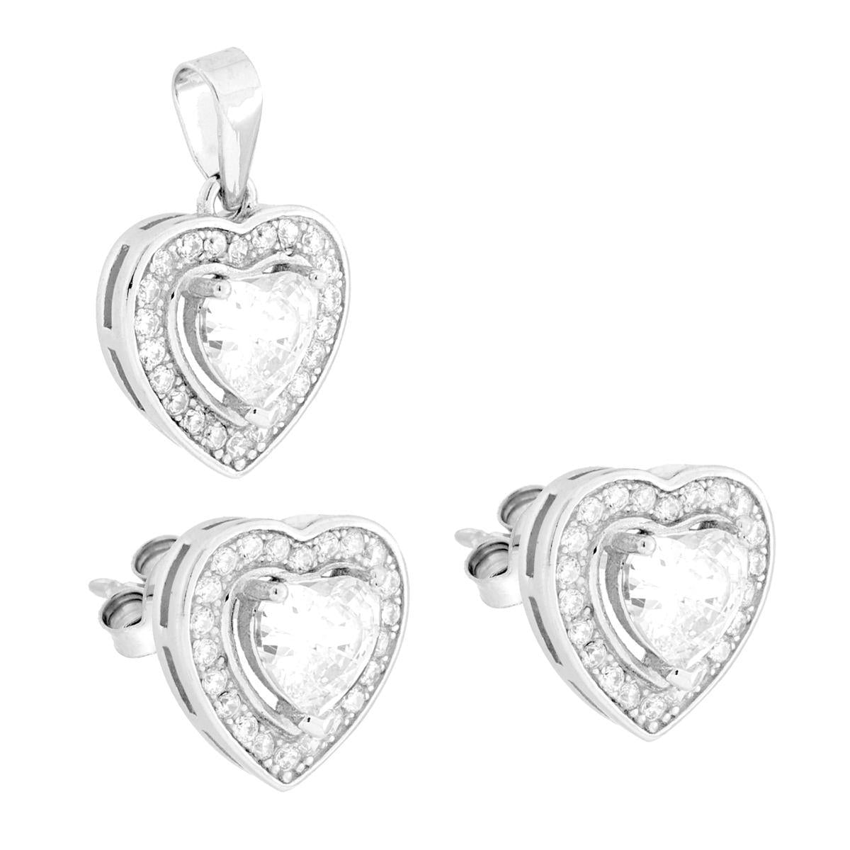 Parure Set Orecchini e Ciondolo Cuore Bianco contornato da Cubic Zirconia Bianchi in ARGENTO 925 Galvanica Rodio