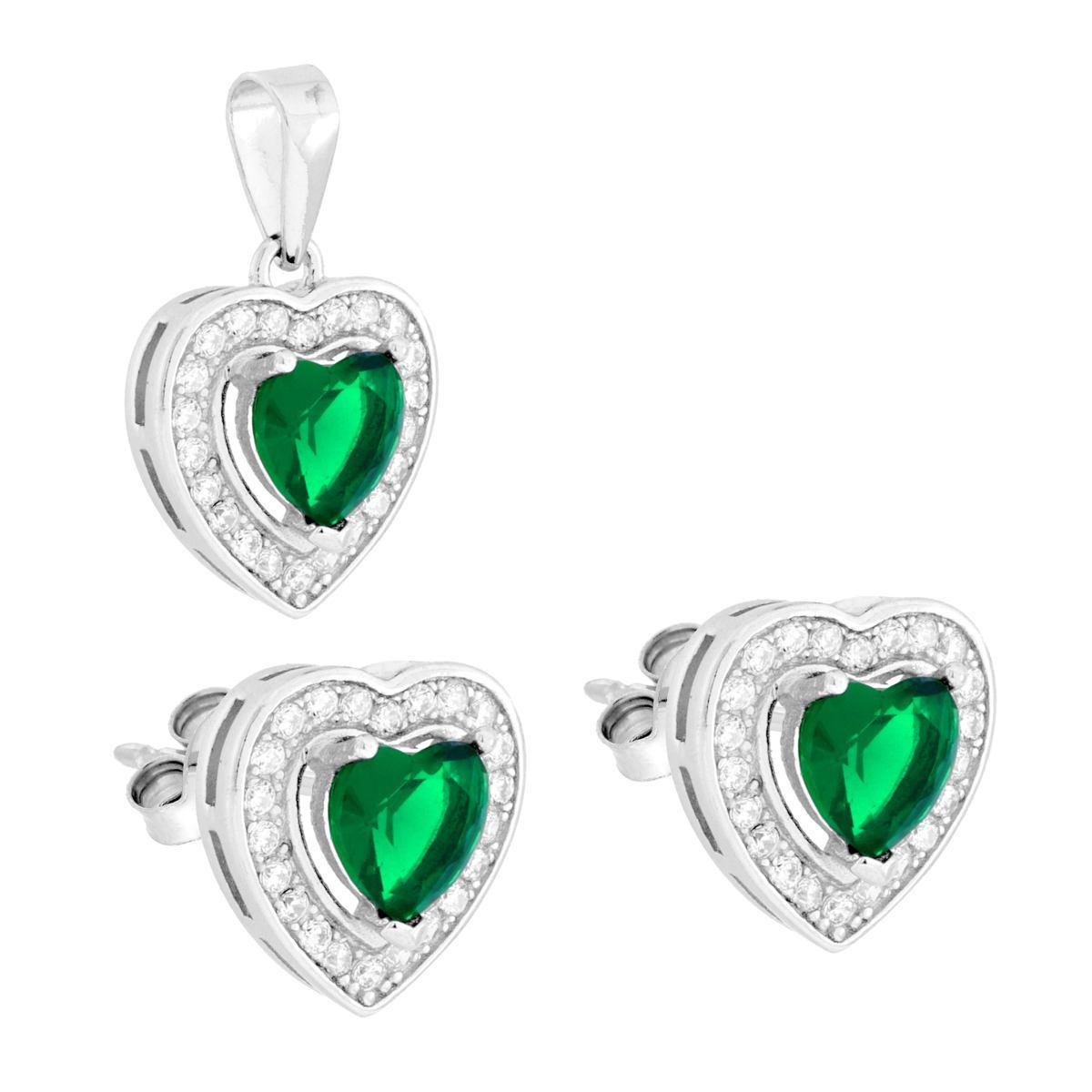 Parure Set Orecchini e Ciondolo Cuore Verde Smeraldo contornato da Cubic Zirconia Bianchi in ARGENTO 925 Galvanica Rodio