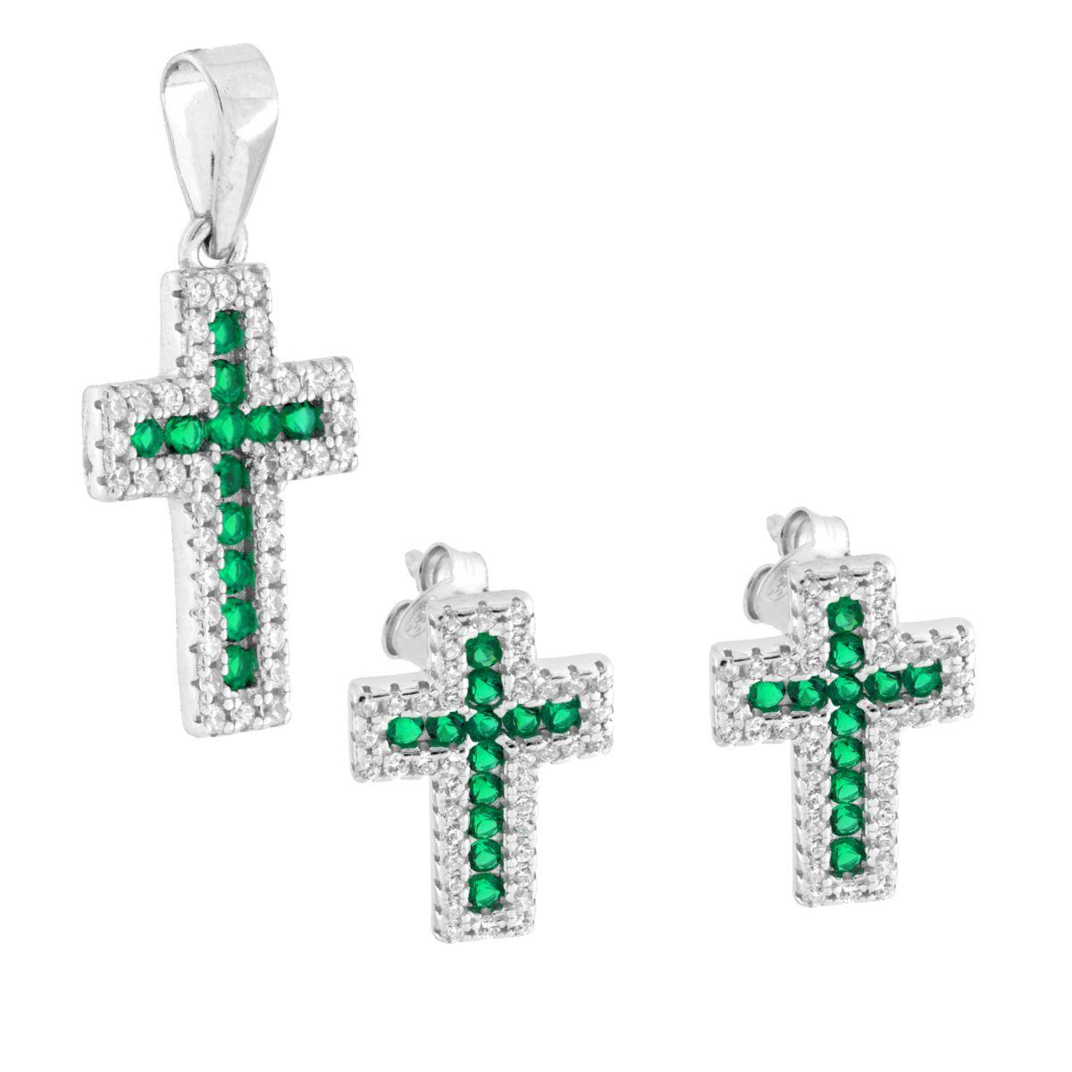 Parure Set Orecchini e Ciondolo Croce con Cubic Zirconia Verde Smeraldo e Bianchi in ARGENTO 925 Galvanica Rodio