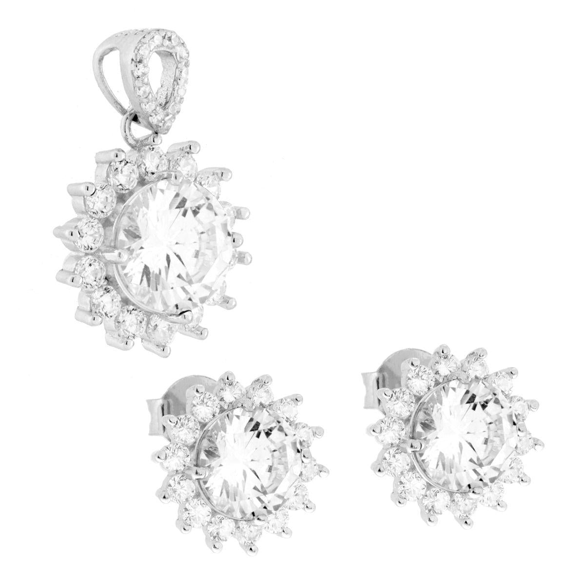 Parure Set Orecchini e Ciondolo Tondo Bianco contornato da Cubic Zirconia Bianchi in ARGENTO 925 Galvanica Rodio