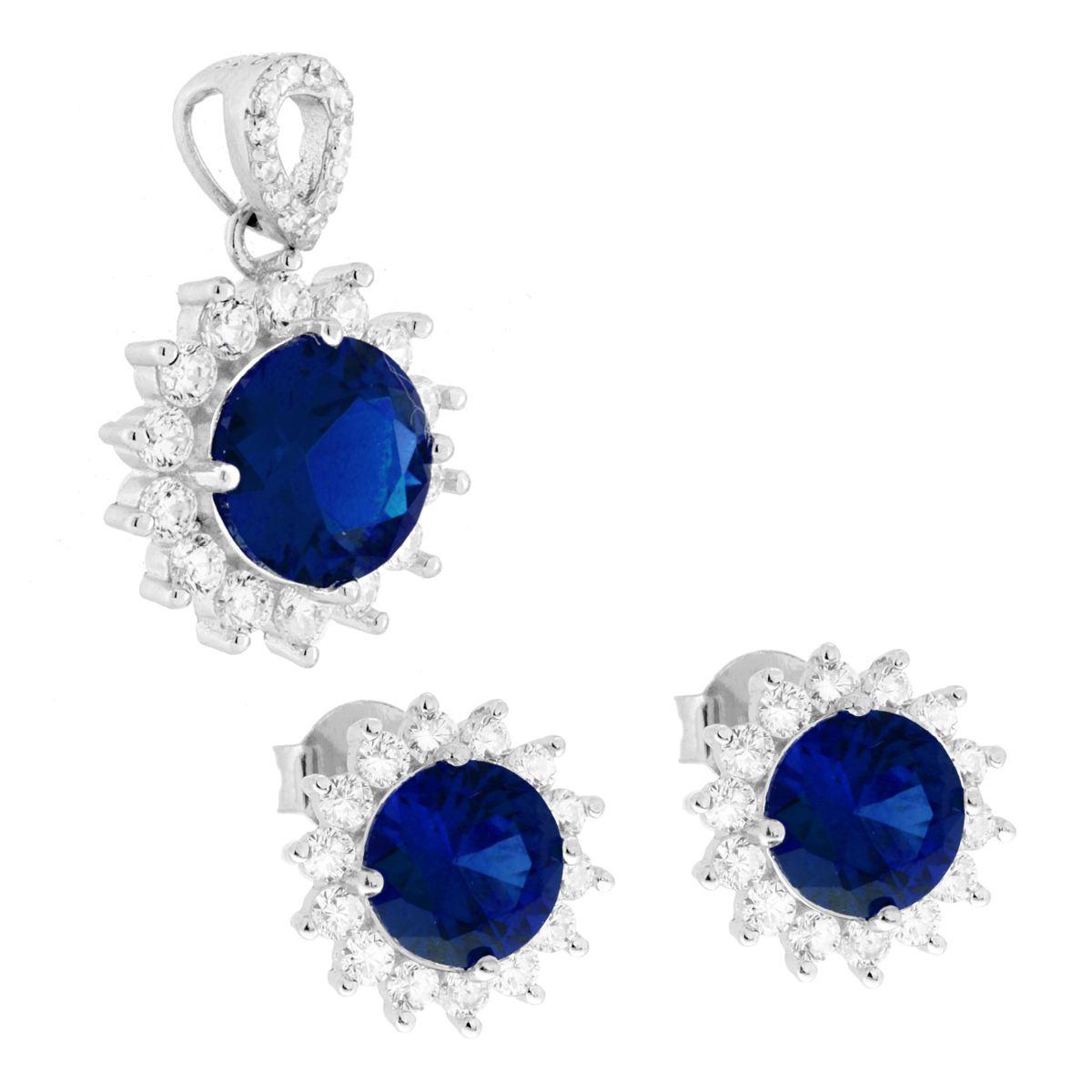 Parure Set Orecchini e Ciondolo Tondo Blu Zaffiro contornato da Cubic Zirconia Bianchi in ARGENTO 925 Galvanica Rodio