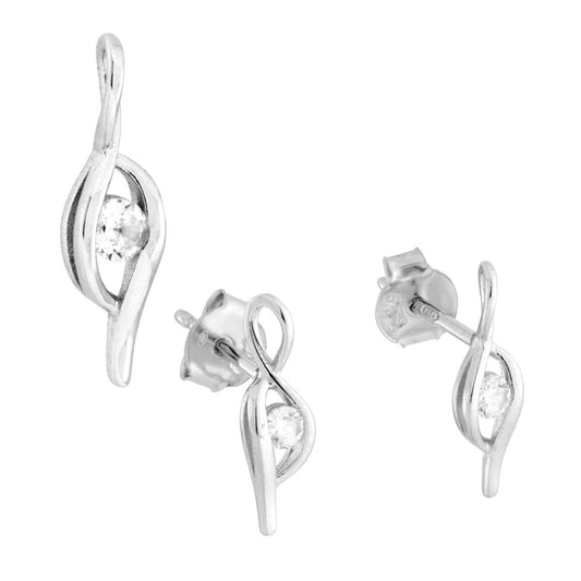 Parure Set Orecchini e Ciondolo Nastro con Punto Luce Cubic Zirconia Bianchi in ARGENTO 925 Galvanica Rodio