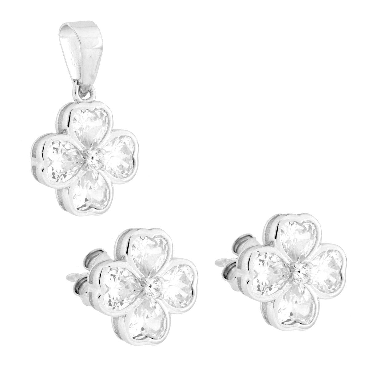 Parure Set Orecchini e Ciondolo Quadrifoglio con Cubic Zirconia Bianchi in ARGENTO 925 Galvanica Rodio