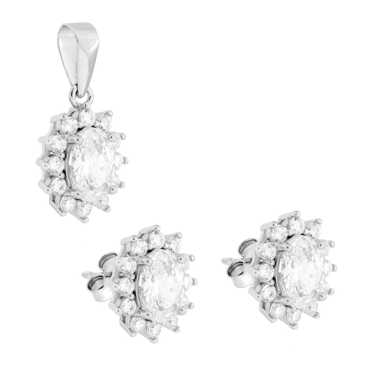Parure Set Orecchini e Ciondolo Ovale Bianco contornato da Cubic Zirconia Bianchi in ARGENTO 925 Galvanica Rodio