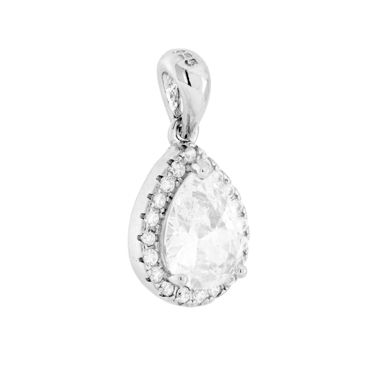 Ciondolo Punto Luce Goccia Bianco contornato da Cubic Zirconia Bianchi in ARGENTO 925 Galvanica Rodio