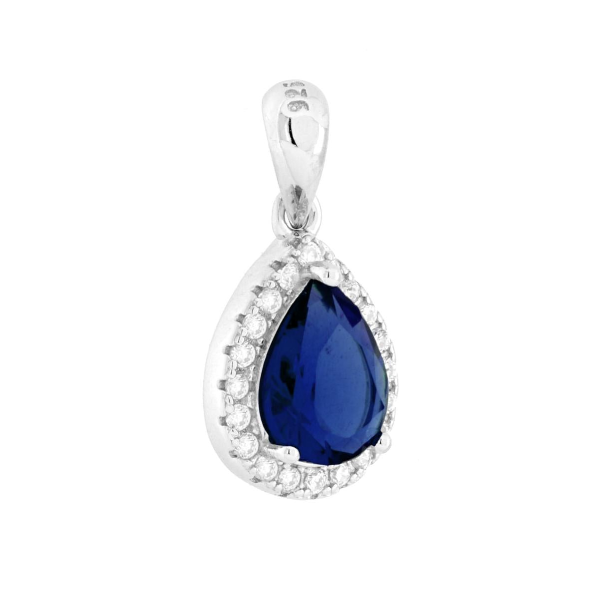 Ciondolo Goccia Blu Zaffiro contornato da Cubic Zirconia Bianchi in ARGENTO 925 Galvanica Rodio
