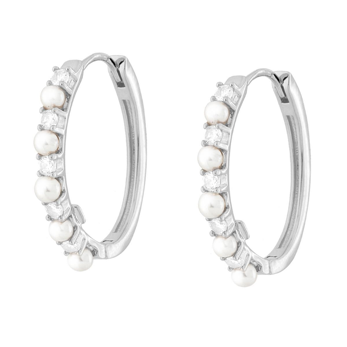 Orecchini Cerchio Ovale Scattino con Cubic Zirconia Bianchi e Perle in ARGENTO 925 Galvanica Rodio