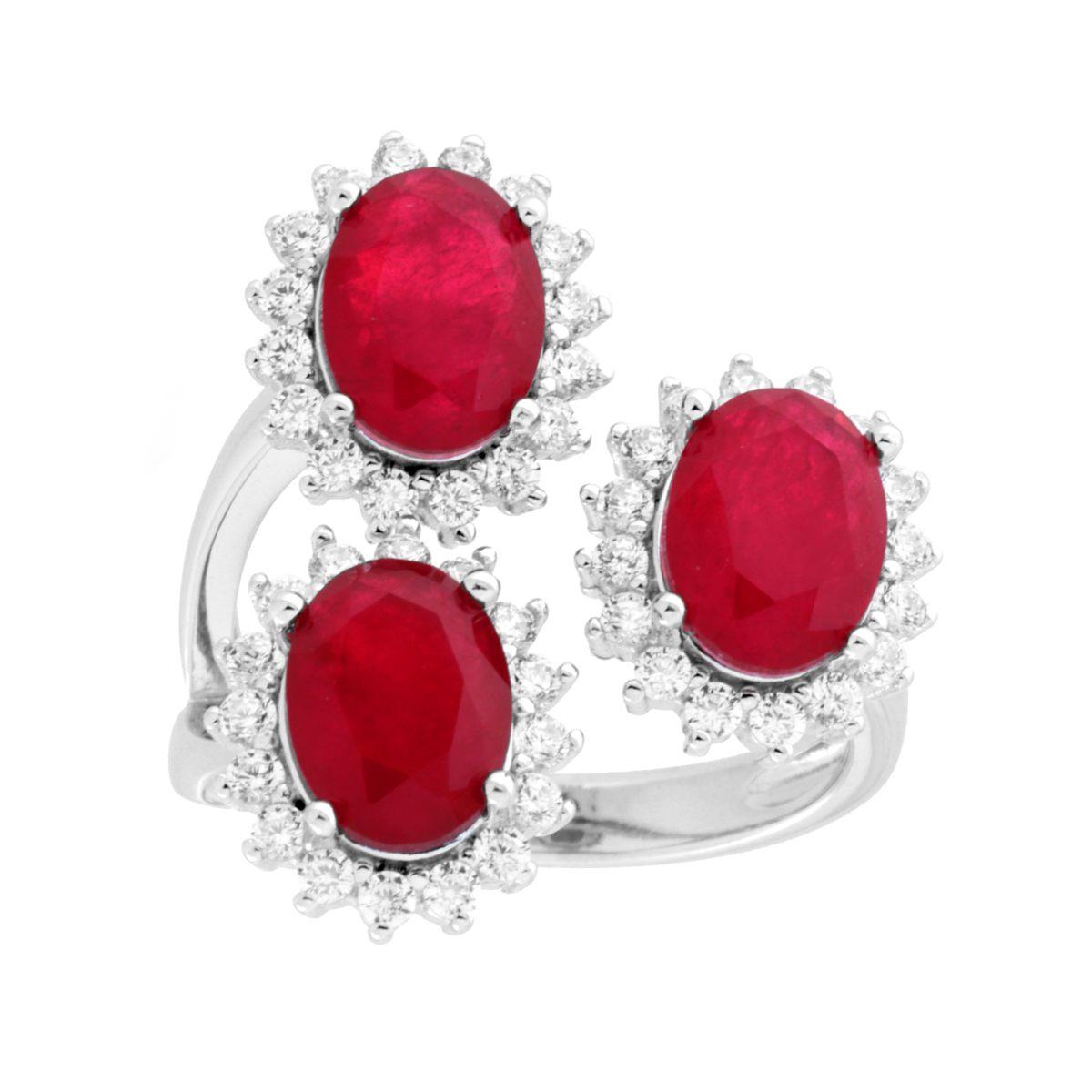 Anello Trilogy Ovali Rosso Rubino contornati da Cubic Zirconia Bianchi in ARGENTO 925 Galvanica Rodio