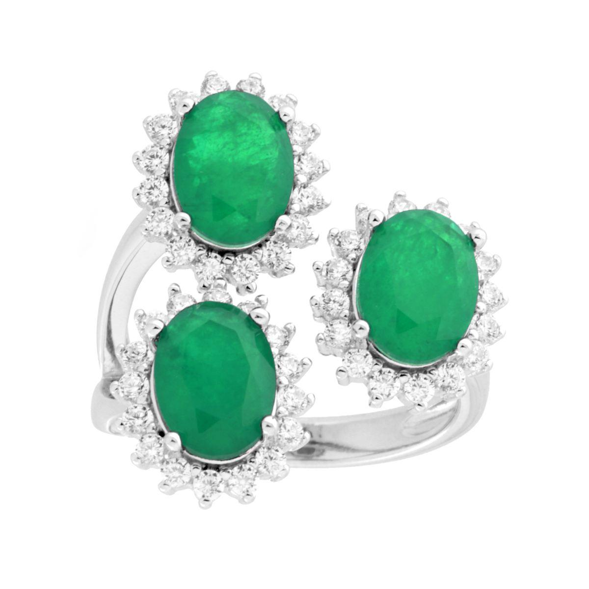 Anello Trilogy Ovali Verde Smeraldo contornati da Cubic Zirconia Bianchi in ARGENTO 925 Galvanica Rodio