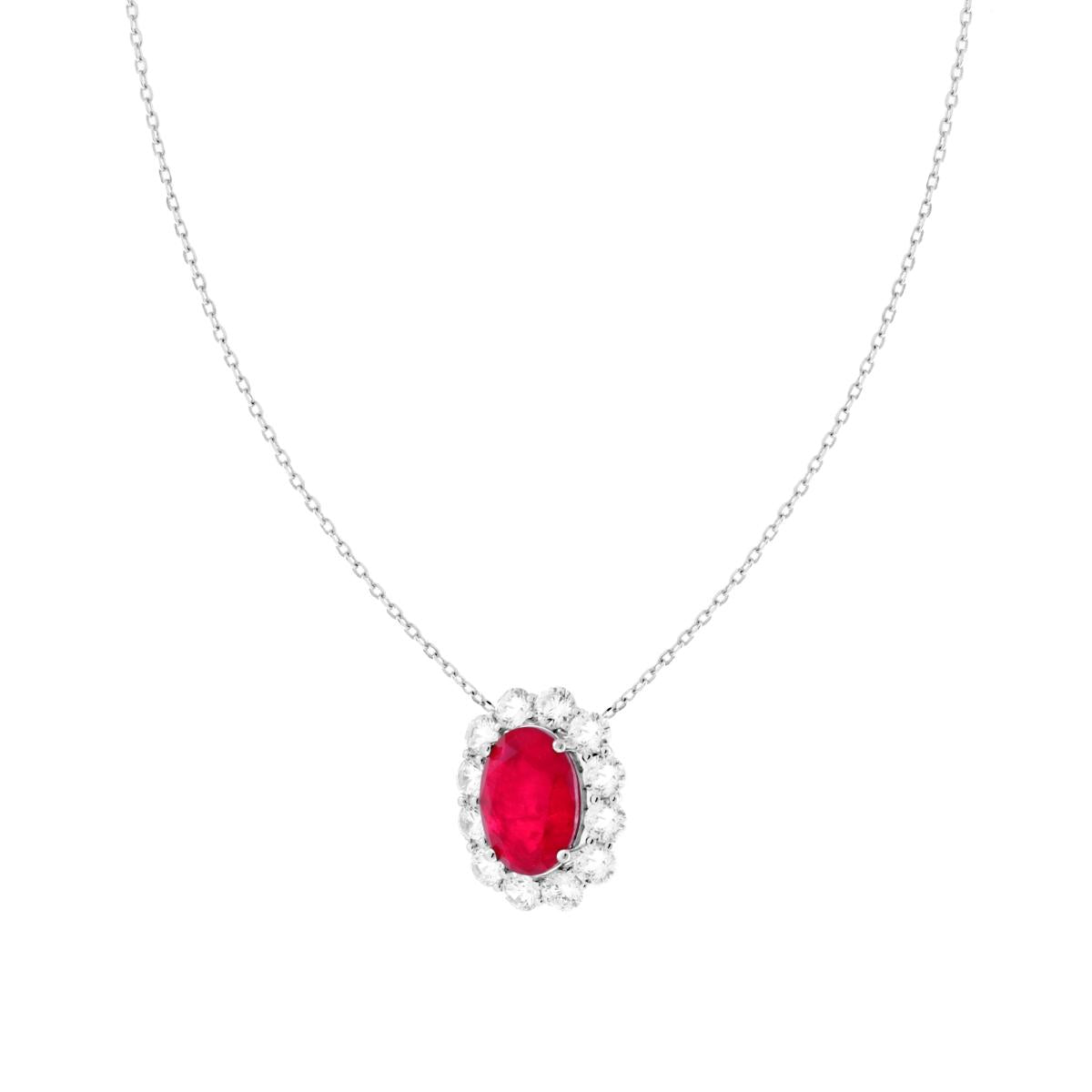 Collana Catena Forzatina Diamantata Ovale Rosso Rubino contornato da Cubic Zirconia Bianchi in ARGENTO 925 Galvanica Rodio