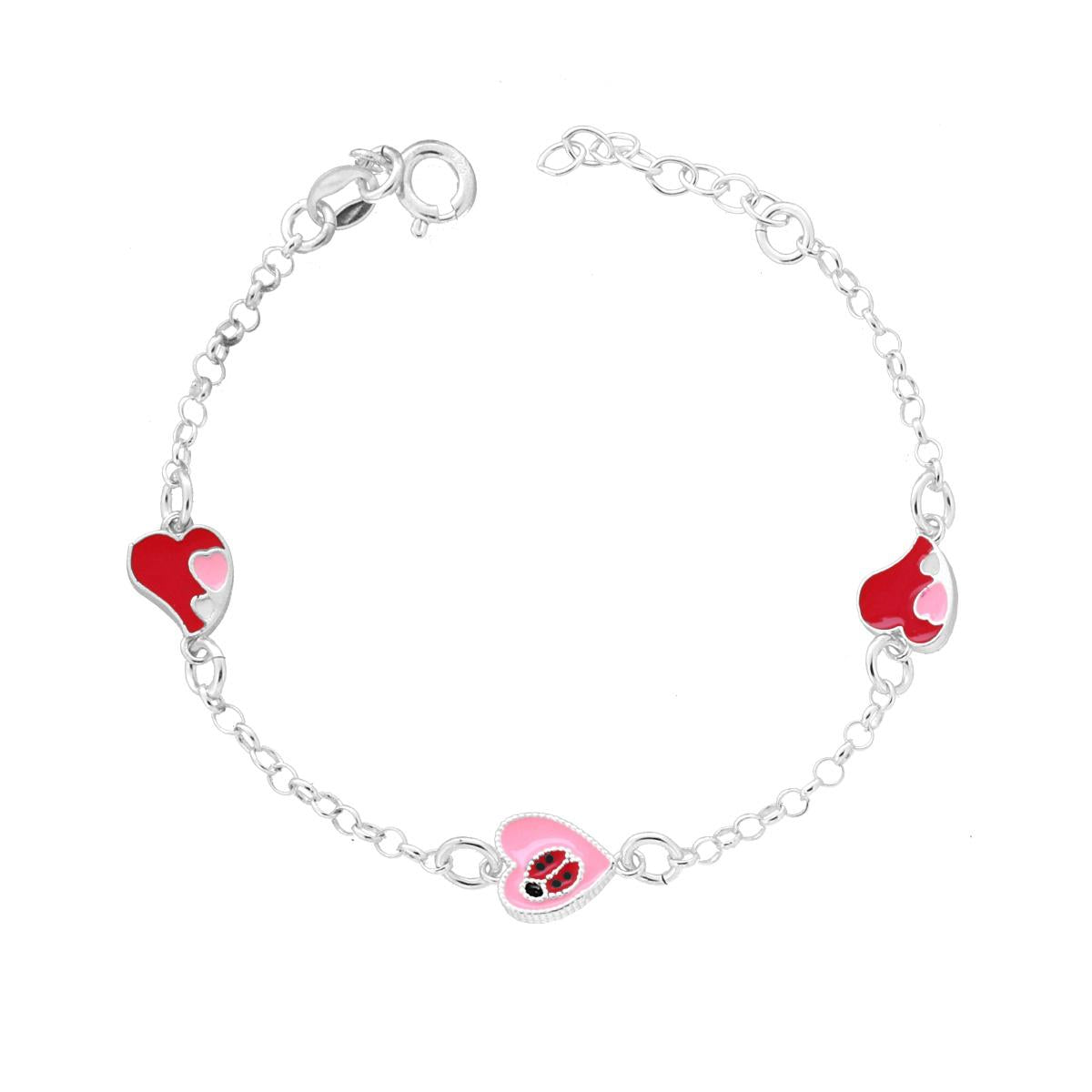Bracciale Bimbo Bimba Catena Rolo con Cuori Coccinella Smalto Rosso e Rosa in ARGENTO 925