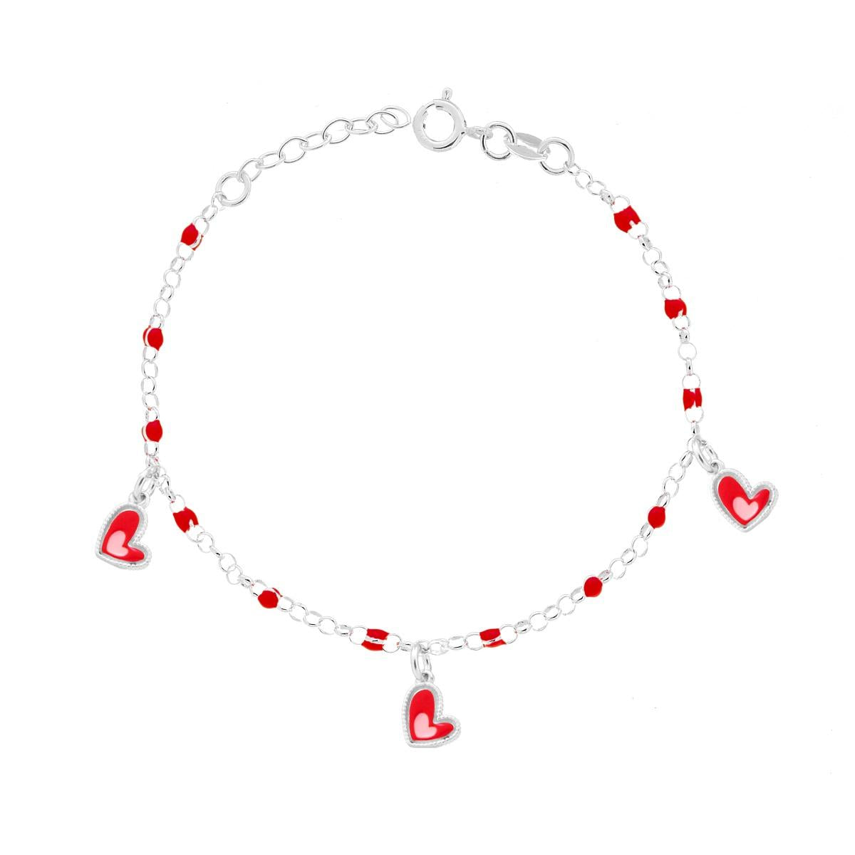 Bracciale Bimbo Bimba Catena Rolo con Palline e Cuori con Smalto Rosso e Rosa in ARGENTO 925
