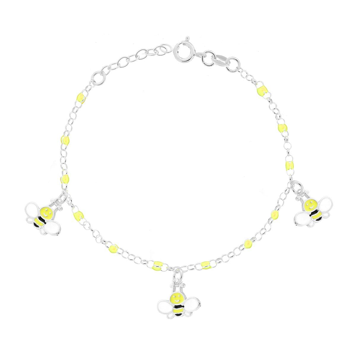 Bracciale Bimbo Bimba Catena Rolo con Palline e Api pendenti con Smalto Giallo in ARGENTO 925