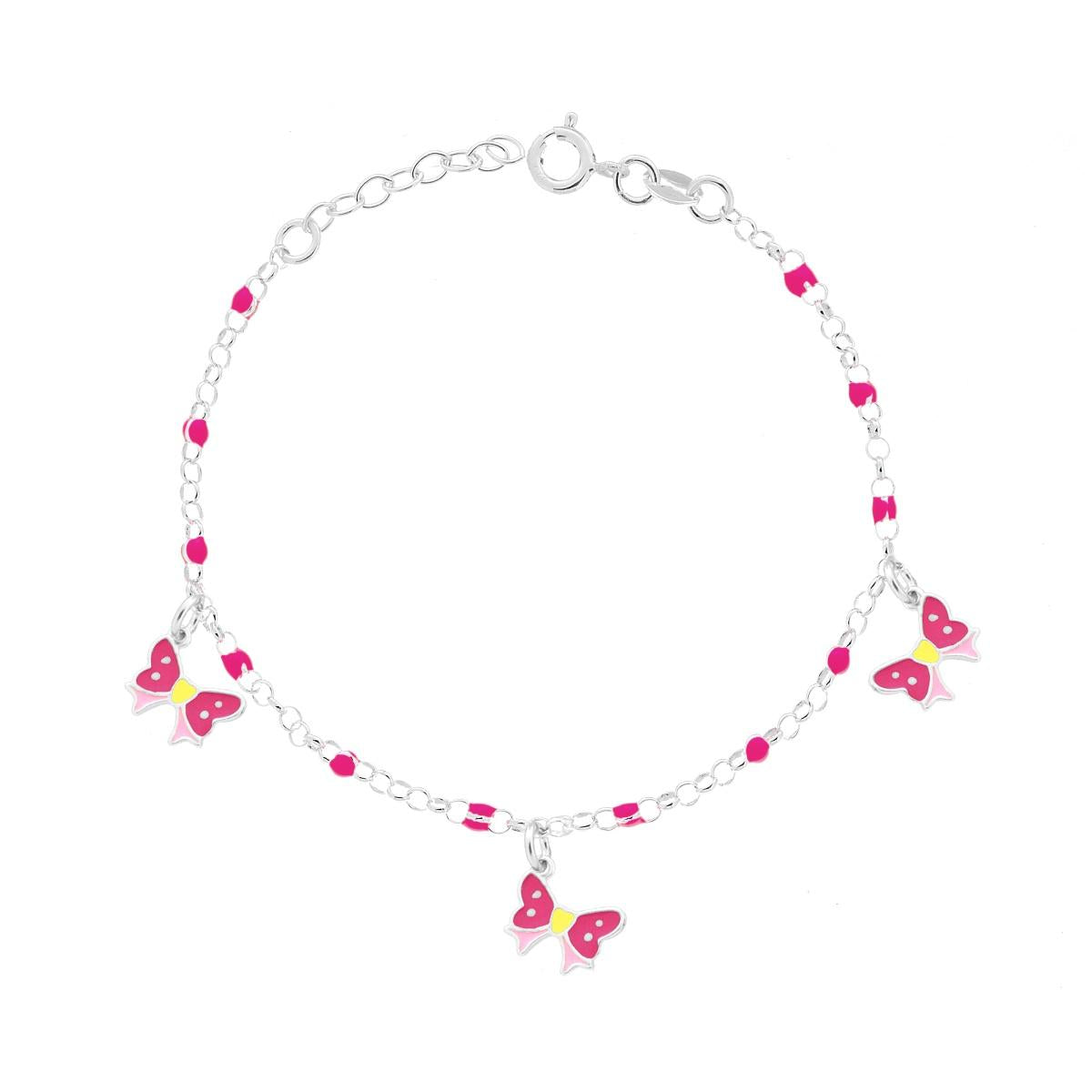 Bracciale Bimbo Bimba Catena Rolo con Palline e Fiocchi con Smalto Fucsia e Rosa in ARGENTO 925