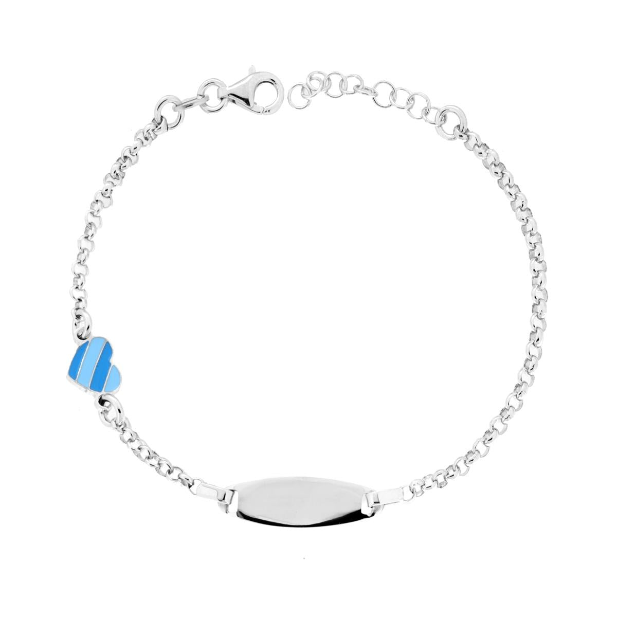 Bracciale Bimbo Bimba Catena Rolo con Targa Ovale e Cuore con Smalto Azzurro in ARGENTO 925 Galvanica Rodio
