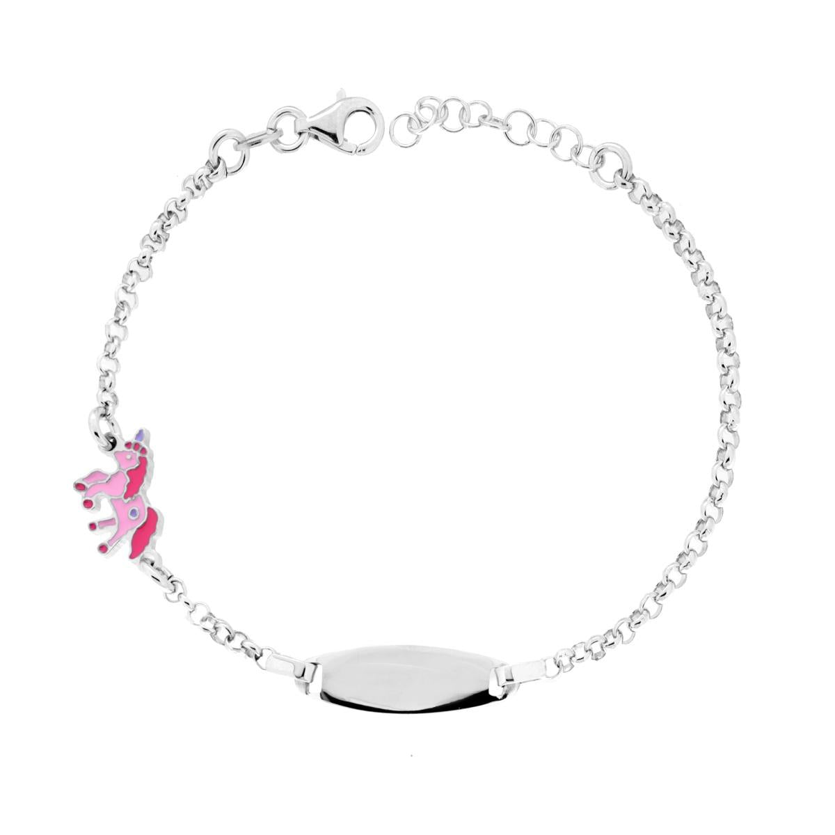 Bracciale Bimbo Bimba Catena Rolo con Targa Ovale e Unicorno con Smalto Rosa in ARGENTO 925 Galvanica Rodio