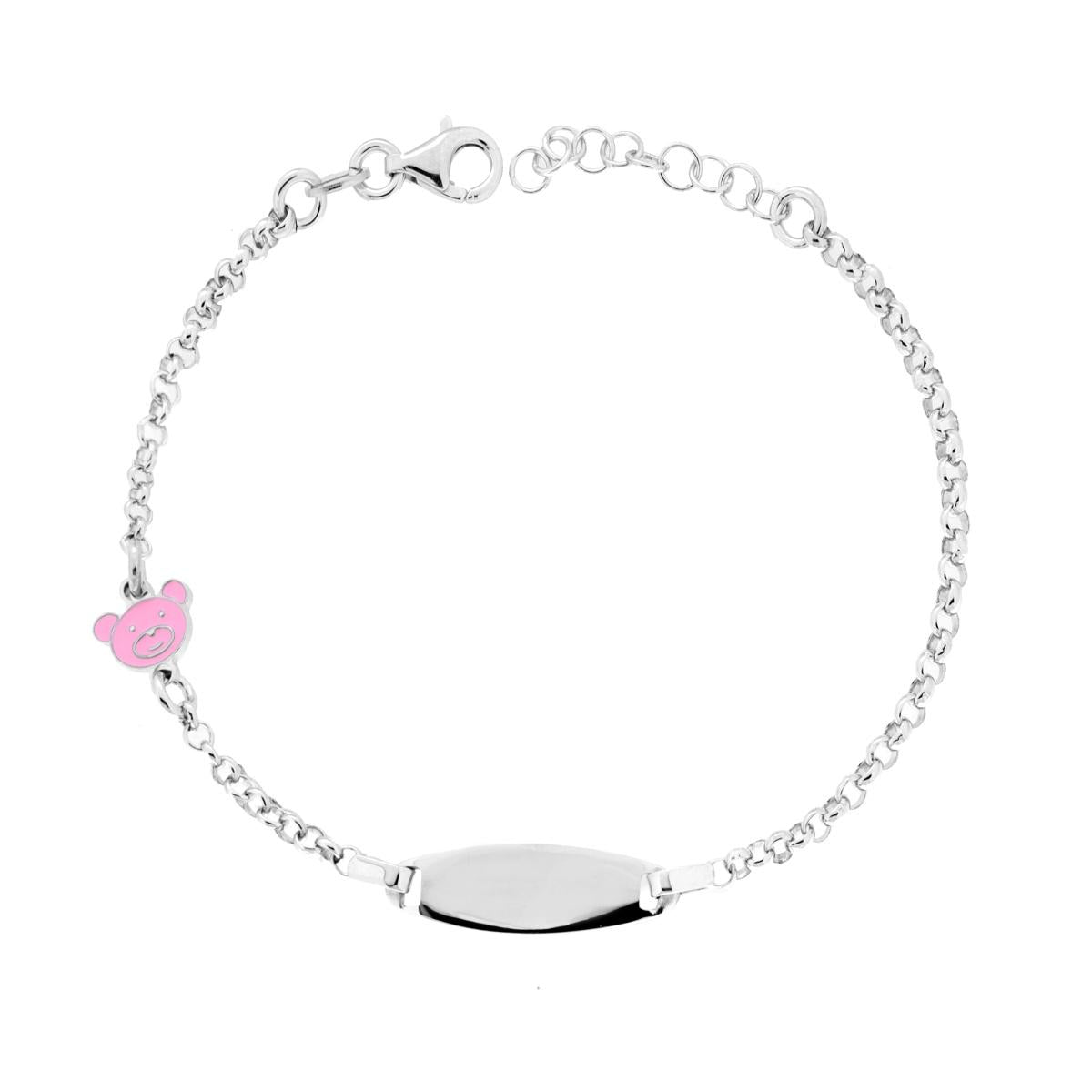 Bracciale Bimbo Bimba Catena Rolo con Targa Ovale e Orso con Smalto Rosa in ARGENTO 925 Galvanica Rodio
