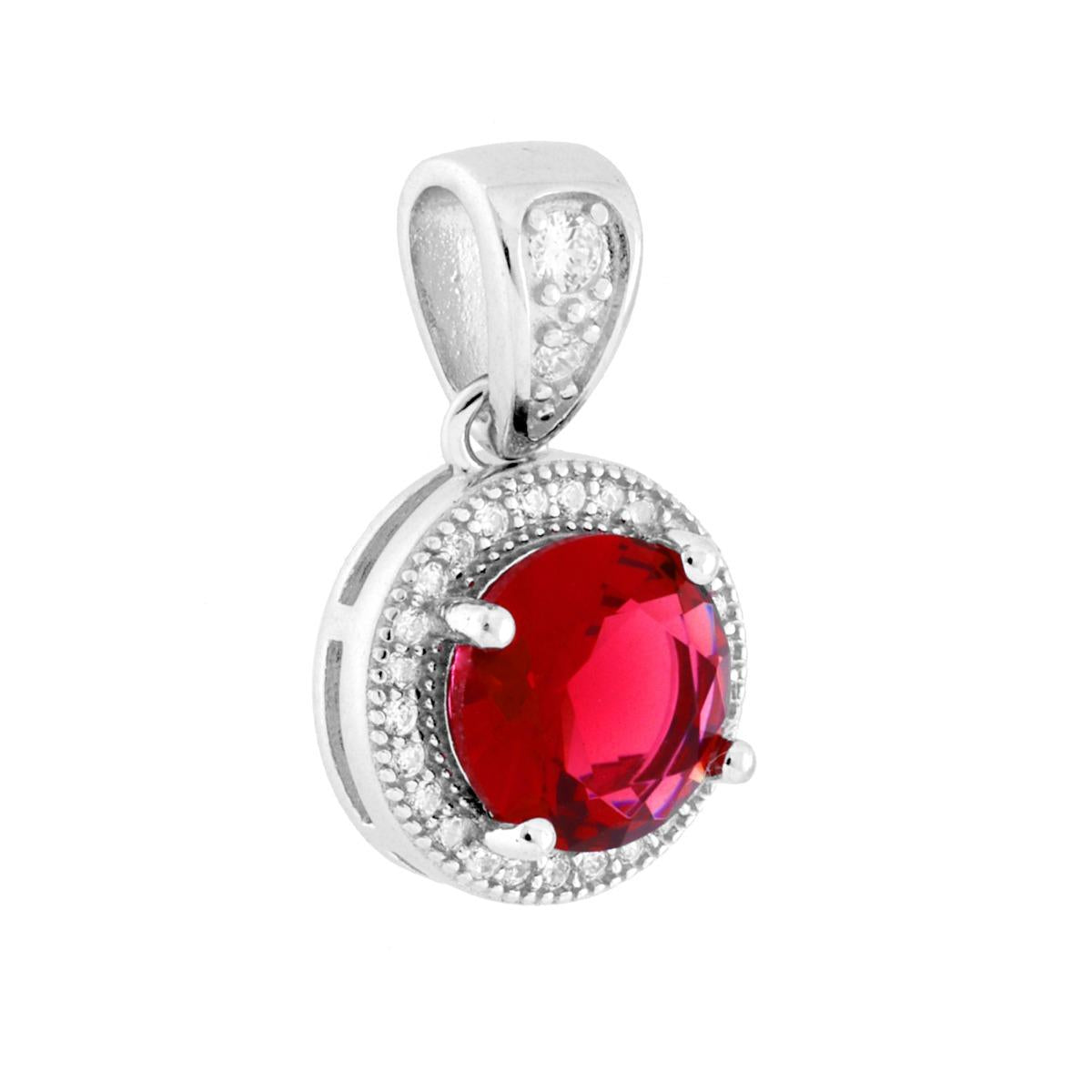 Ciondolo Tondo Cubic Zirconia Rosso Rubino contornato da Cubic Zirconia Bianchi in ARGENTO 925 Galvanica Rodio