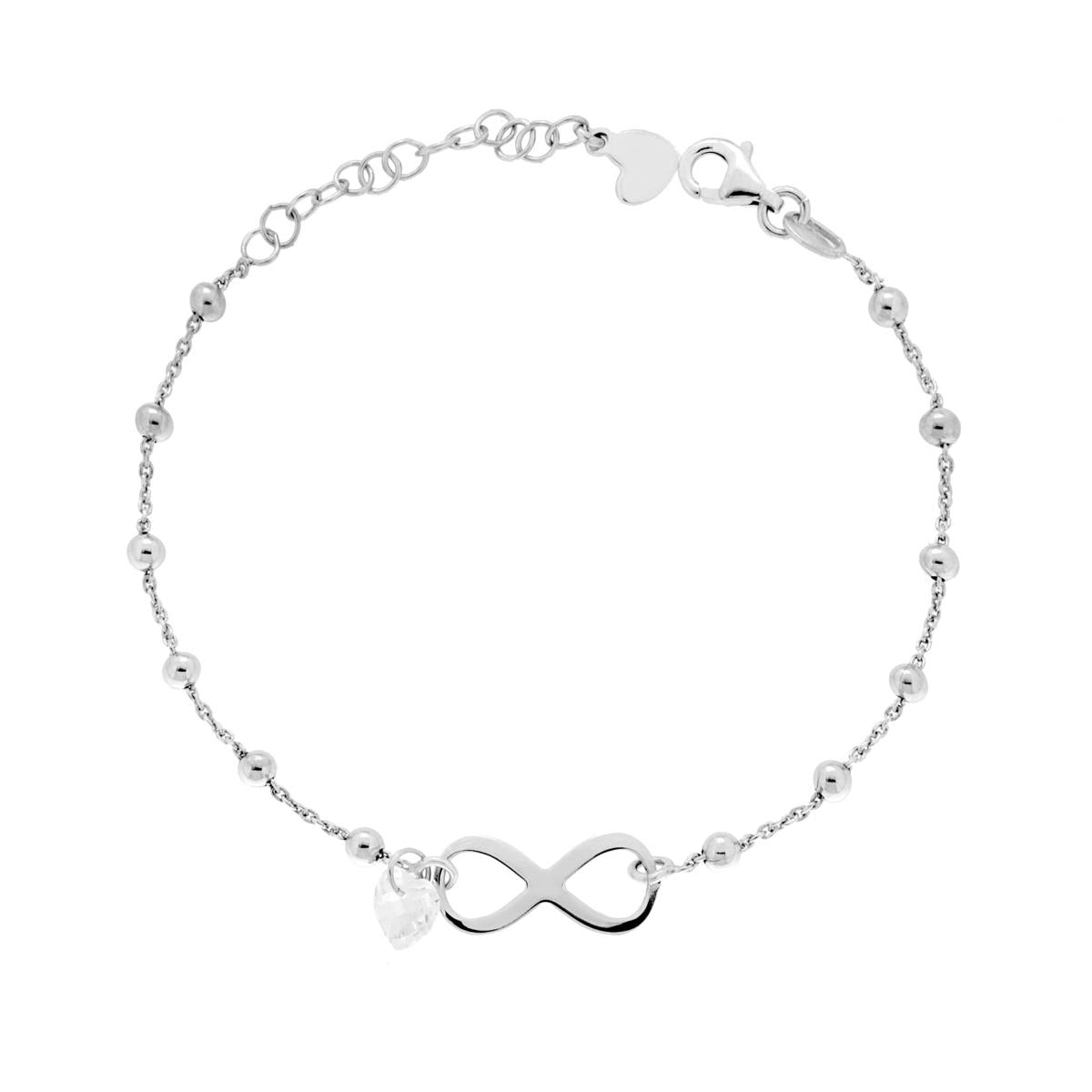 Bracciale Catena Forzatina Diamantata con Palline Infinito e Cuore Crystal Bianco in ARGENTO 925 Galvanica Rodio