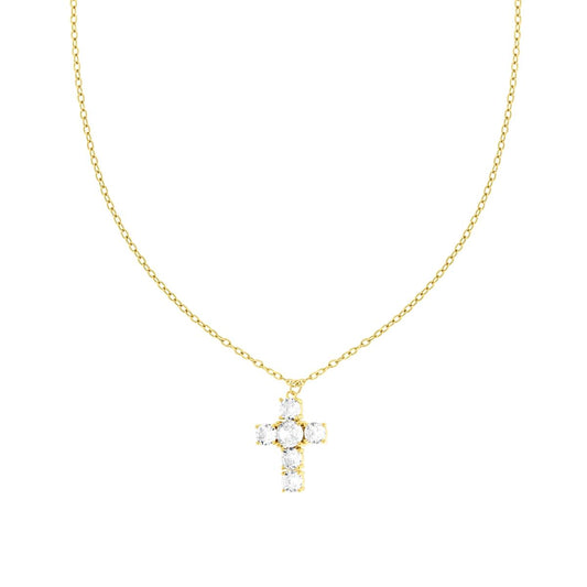 Collana Catena Forzatina Diamantata con Croce e Crystal Bianchi in ACCIAIO colore Oro