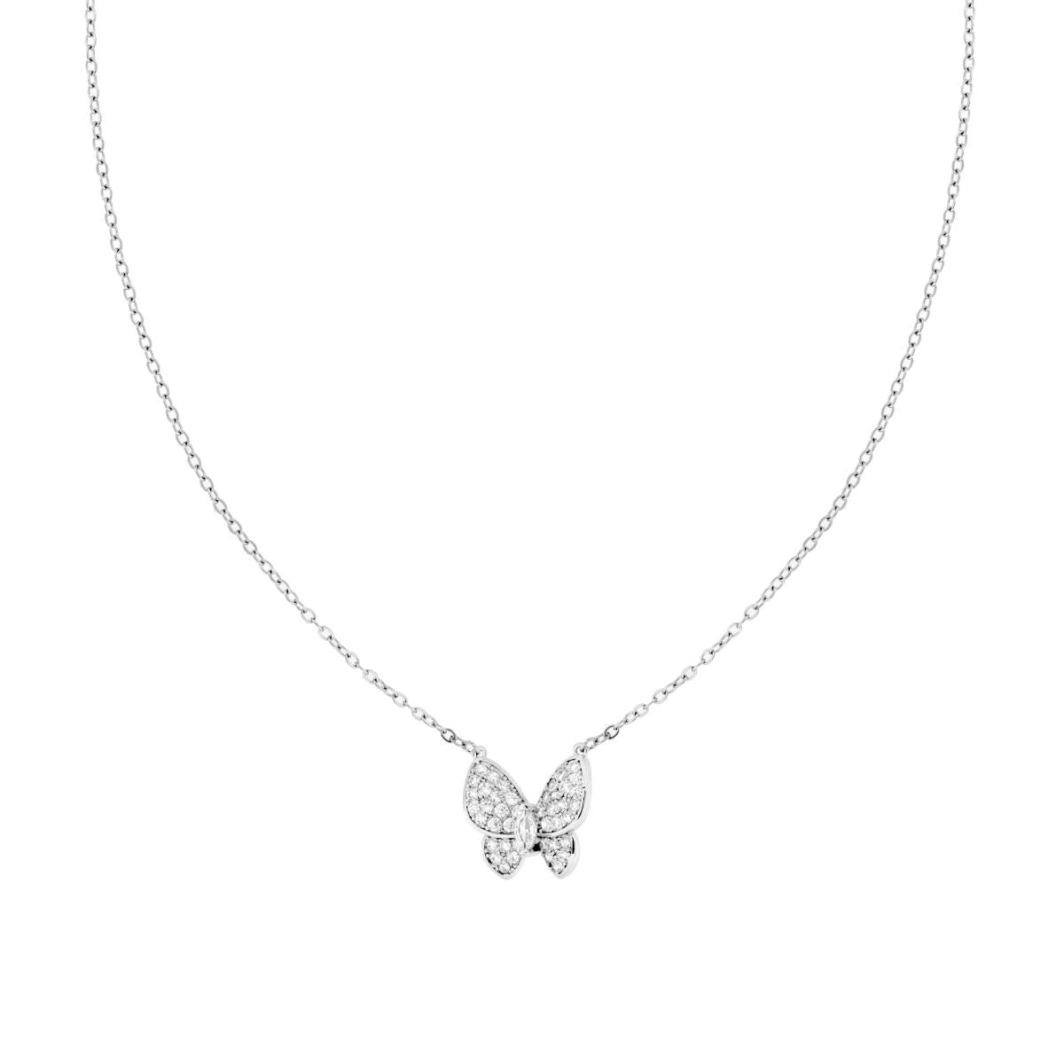 Collana Catena Forzatina Diamantata con Farfalla e Crystal Bianchi in ACCIAIO e OTTONE
