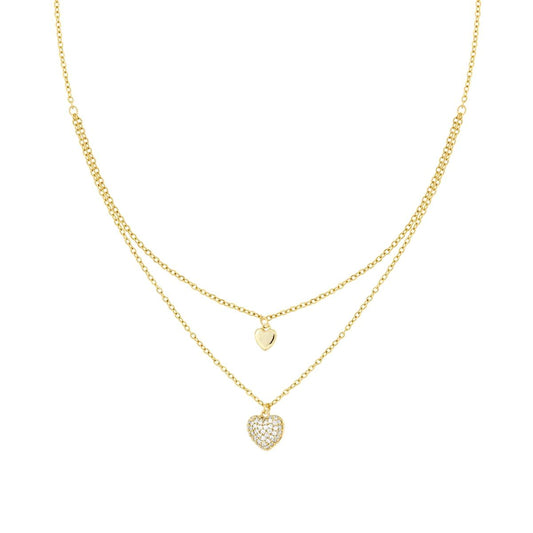 Collana due fili Catena Forzatina Diamantata con Cuori e Crystal Bianchi in ACCIAIO e OTTONE colore Oro