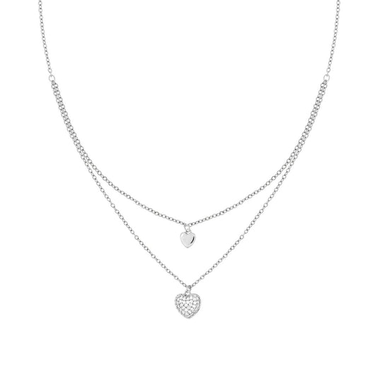 Collana due fili Catena Forzatina Diamantata con Cuori e Crystal Bianchi in ACCIAIO e OTTONE