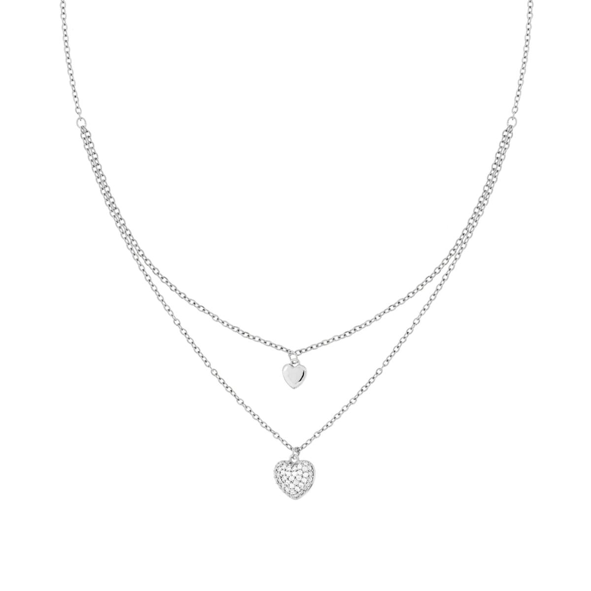 Collana due fili Catena Forzatina Diamantata con Cuori e Crystal Bianchi in ACCIAIO e OTTONE
