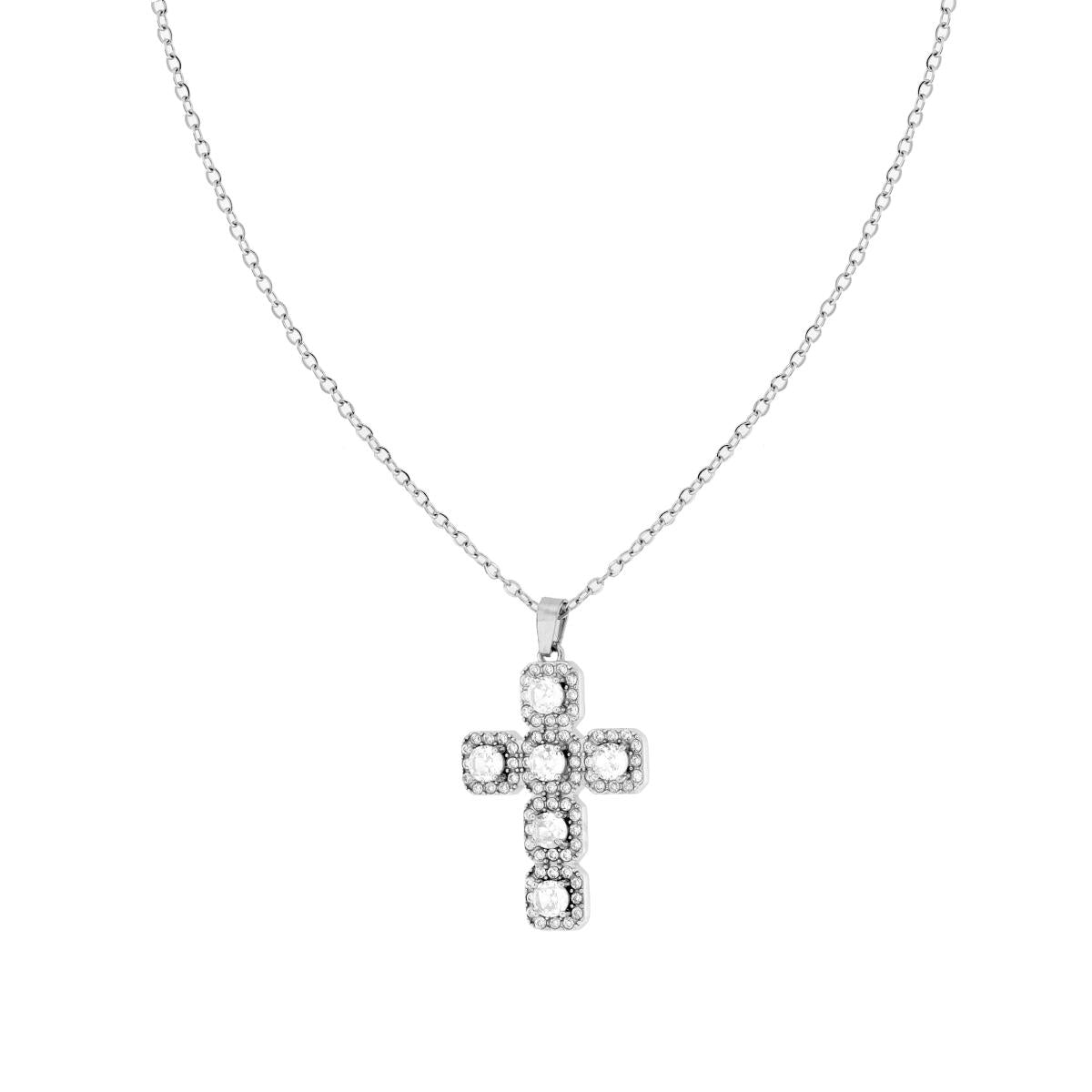 Collana Catena Forzatina con Croce e Crystal Bianchi in ACCIAIO e OTTONE