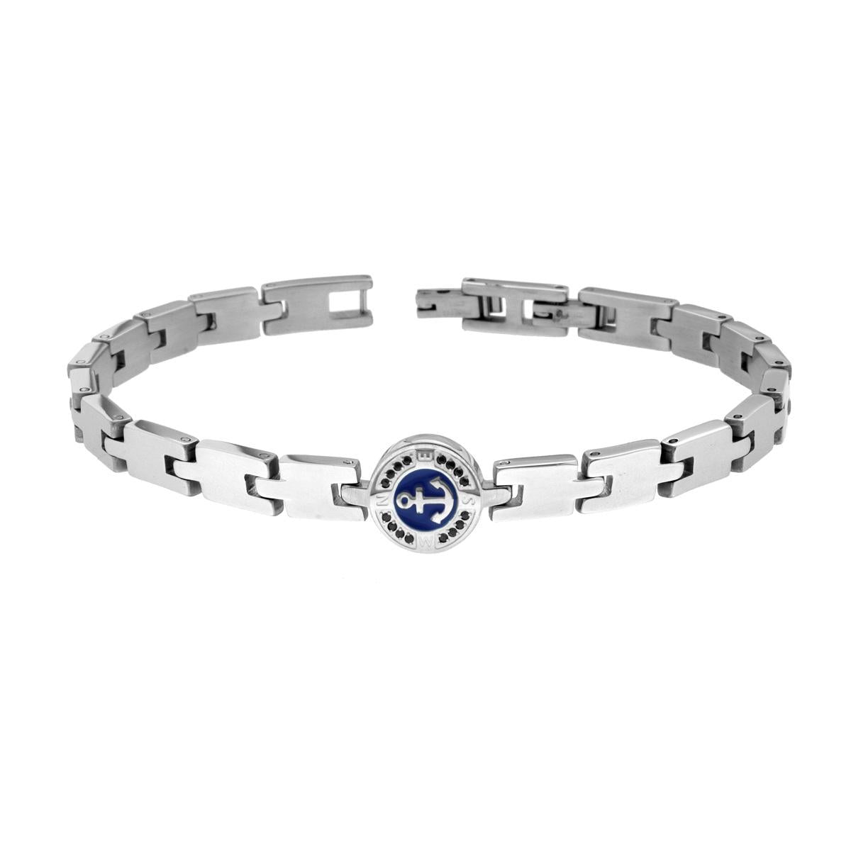 Bracciale Uomo Maglia Imperniata con Ancora Smalto Blu e Crystal Neri in ACCIAIO