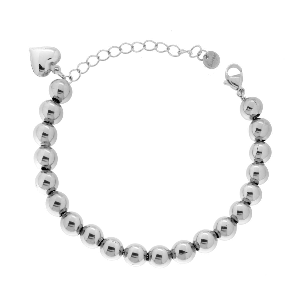 Bracciale Catena Palline Lisce mm 8 con Cuore Bombato pendente in ACCIAIO