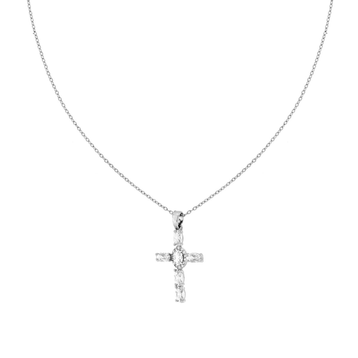 Collana Catena Forzatina Diamantata con Croce e Crystal Bianchi Ovali in ACCIAIO