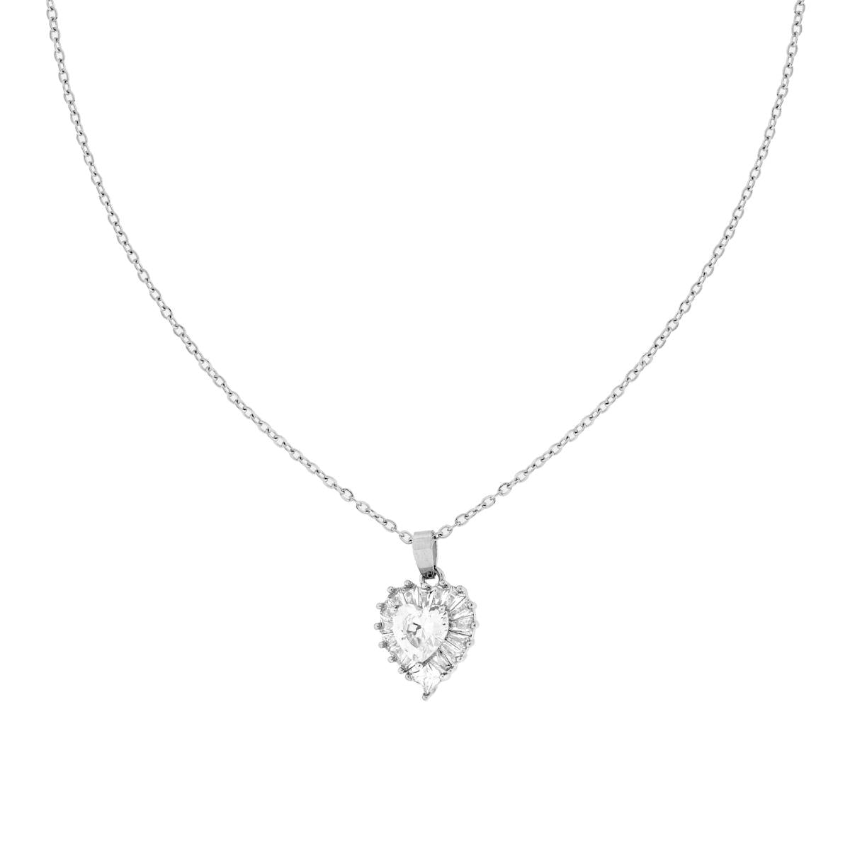 Collana Catena Forzatina Diamantata con Cuore e Crystal Bianchi in ACCIAIO